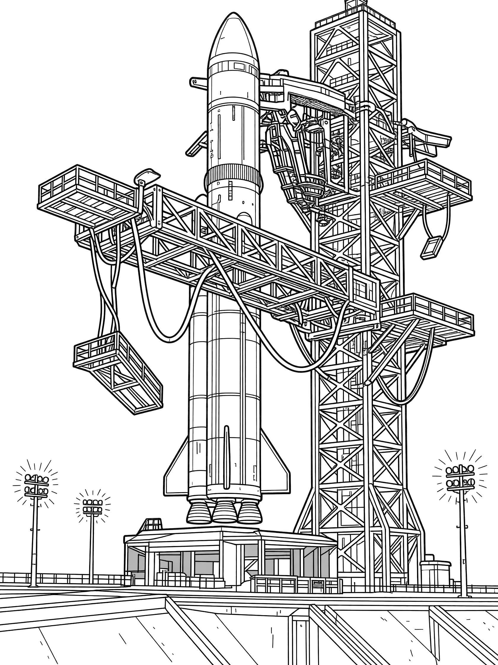 Black-and-white line art coloring page of a rocket on the launch pad as the service arm swings away, with fins, nozzles, platforms, tower, and spotlights.