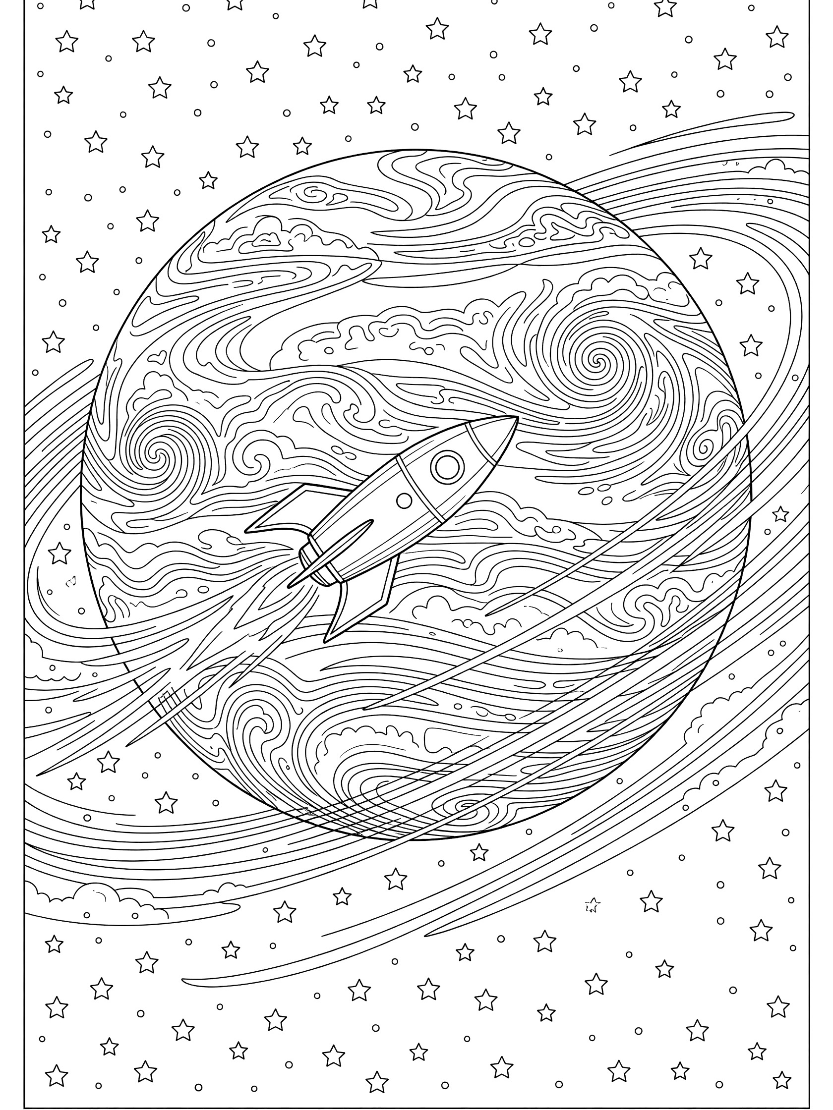 Detailed line art coloring page showing a geometric rocket ship in orbit around banded Neptune planet with swirling storms, wind patterns, and scattered stars on white background
