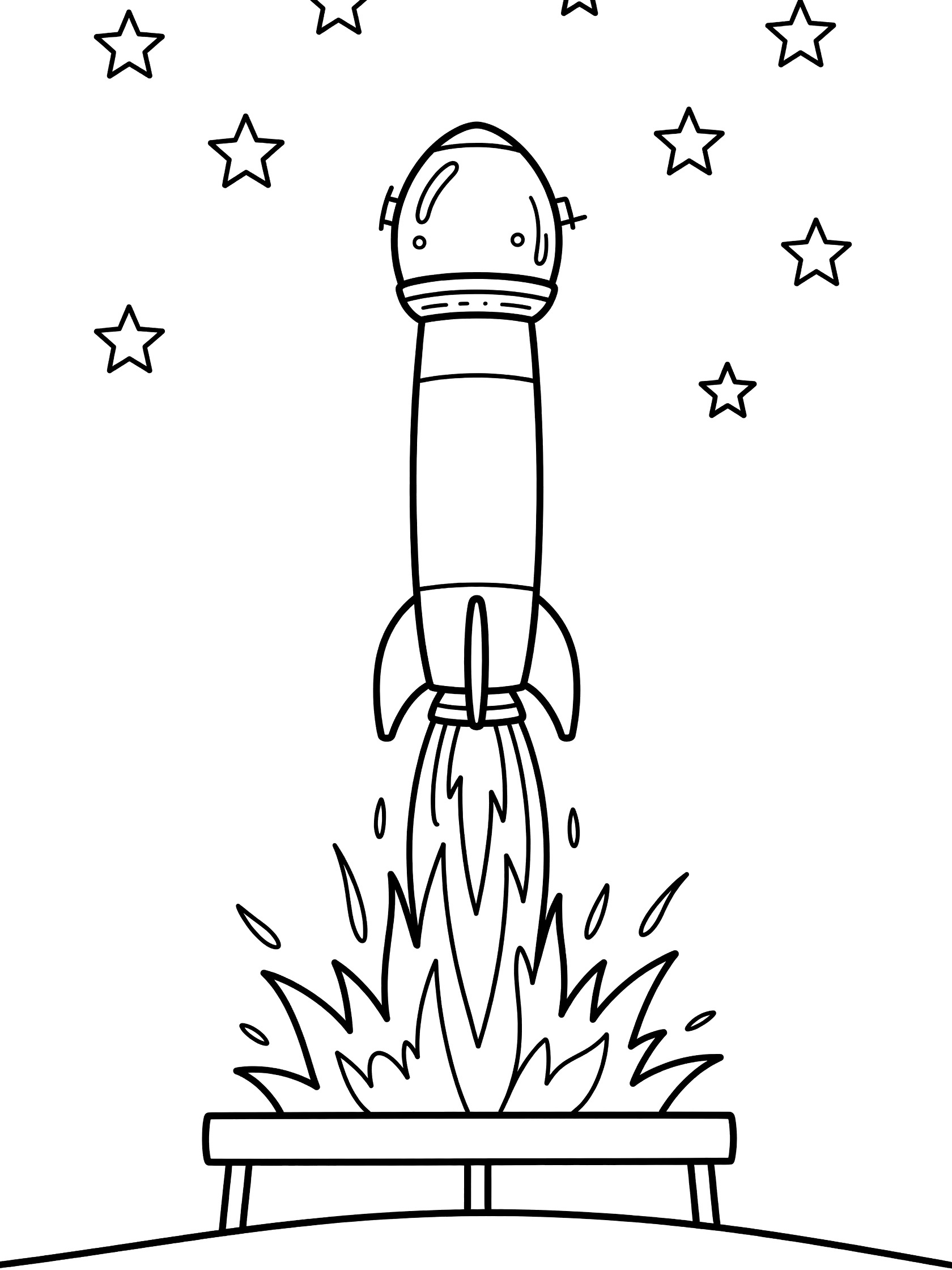 Black and white line art coloring page showing a tall rocket with a round capsule top blasting off upward from a launch pad with fiery flames below and scattered stars above. Space Capsule themed black and white printable line art