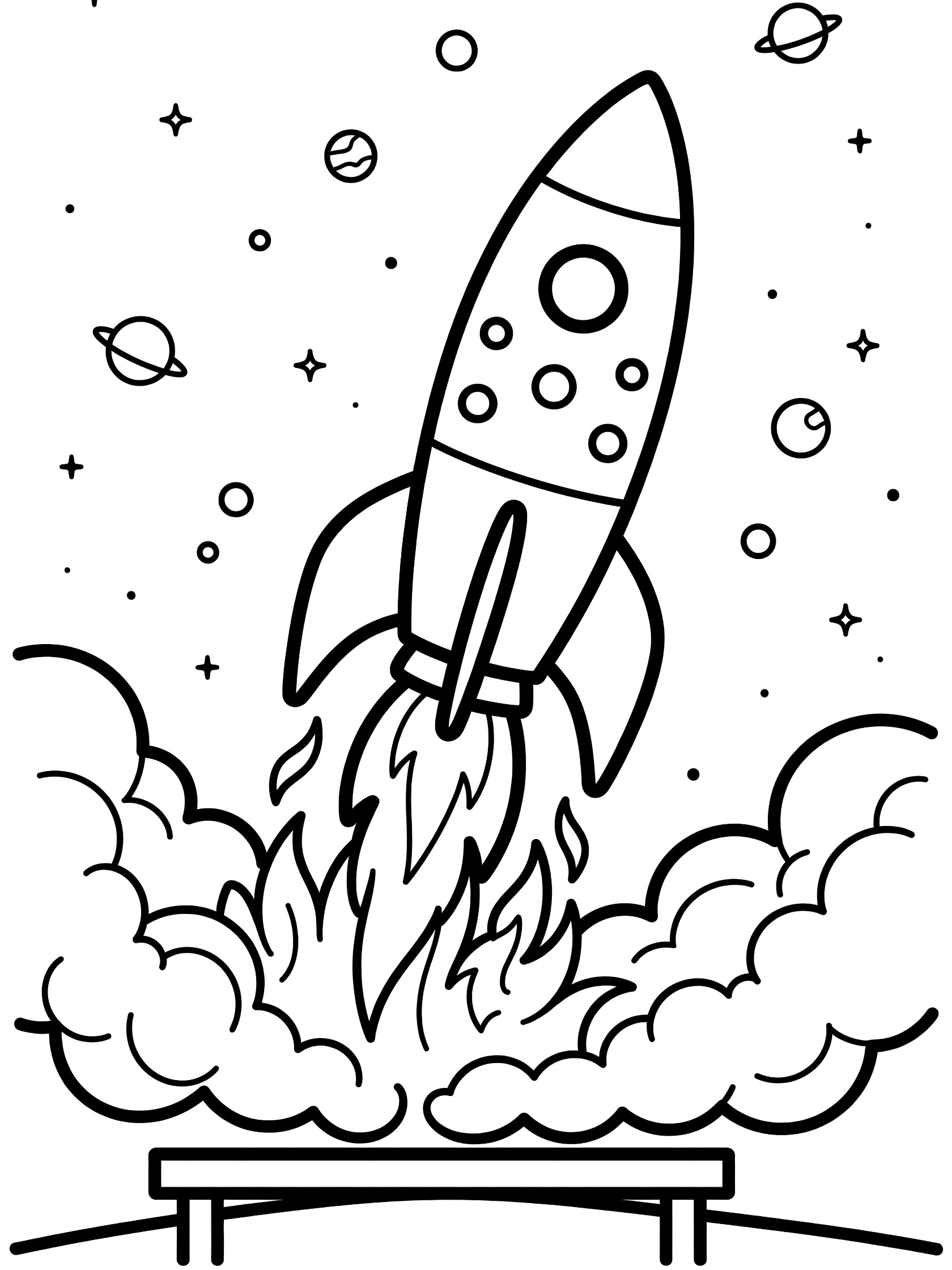 Black and white line art of a rocket ship launching upward with orange flames, exhaust clouds, stars, planets, and a launch platform.