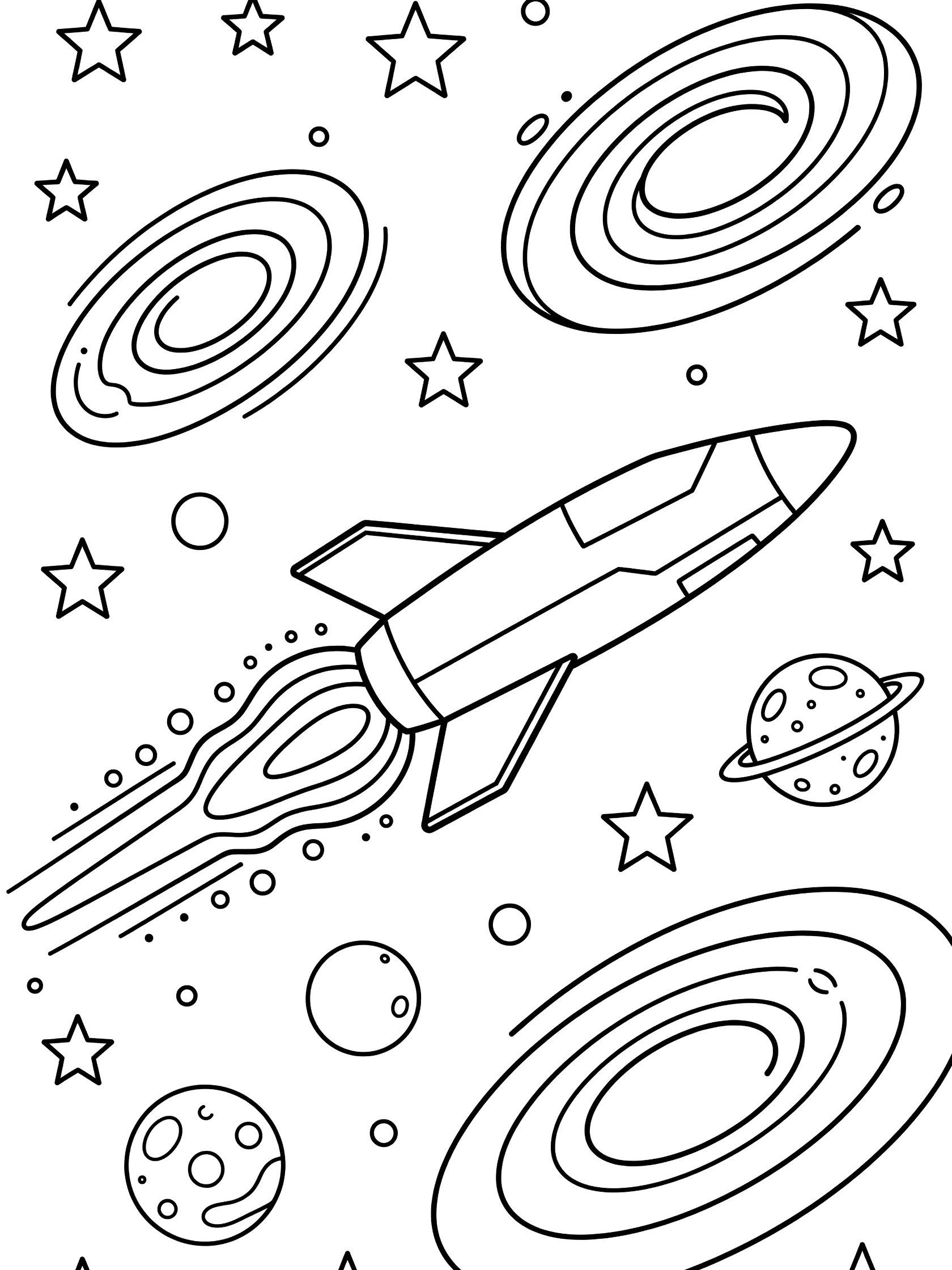 Black and white line art coloring page showing a rocket ship blasting off in space, passing stars, round planets, and swirling galaxies with exhaust trail. Starship themed black and white printable line art