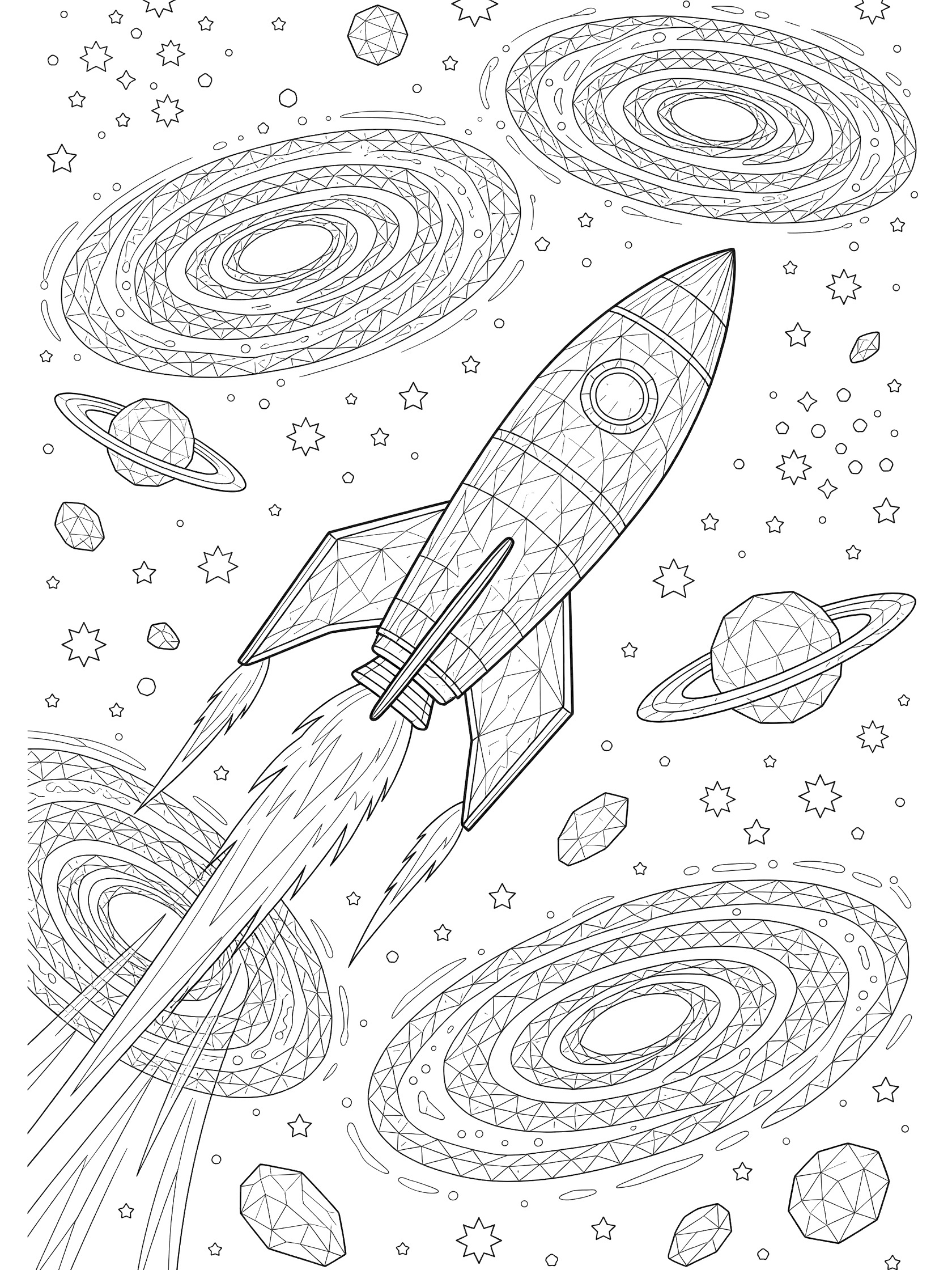 Black and white coloring page of a polygonal rocket ship with fiery exhaust trail flying past spiral galaxies, planets with rings, asteroids, and stars.