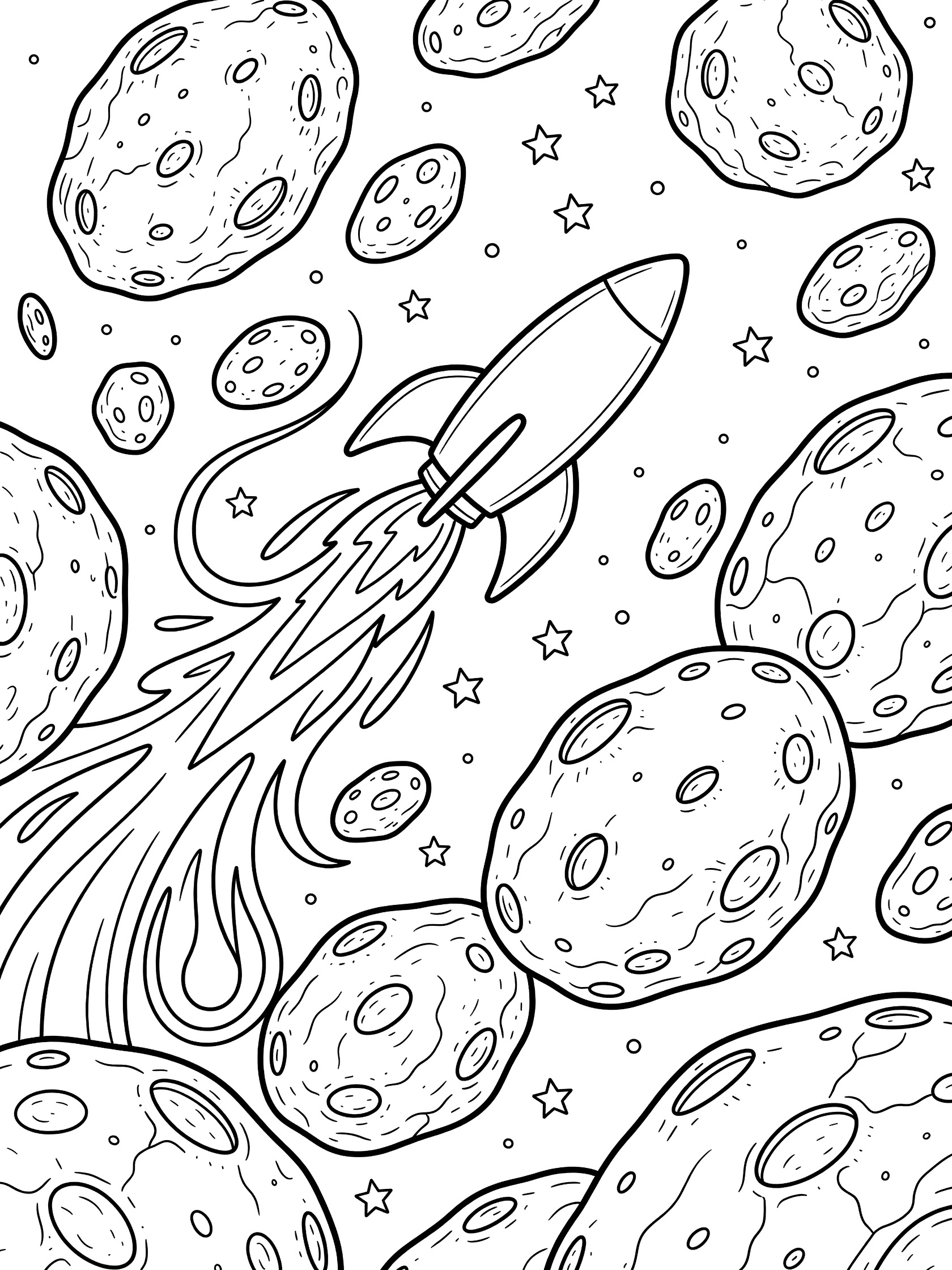 Black and white line art coloring page of a rocket ship blasting through a field of large and small asteroids with curving exhaust flames and stars in space.