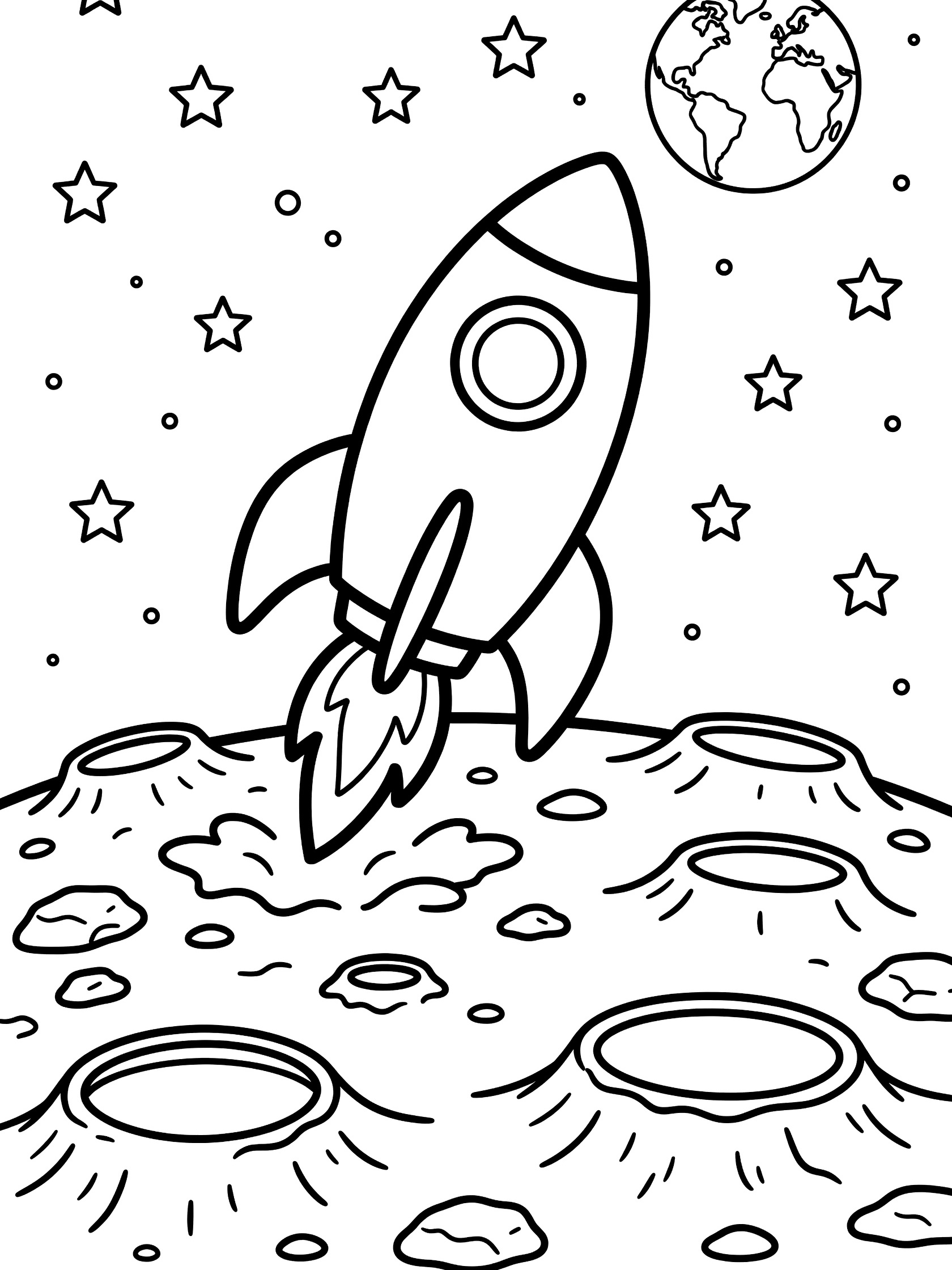 Bold line art coloring page showing a rocket ship with rounded fins and portholes landing on the moon surface amid craters and rocks, with starry sky and glowing Earth above.