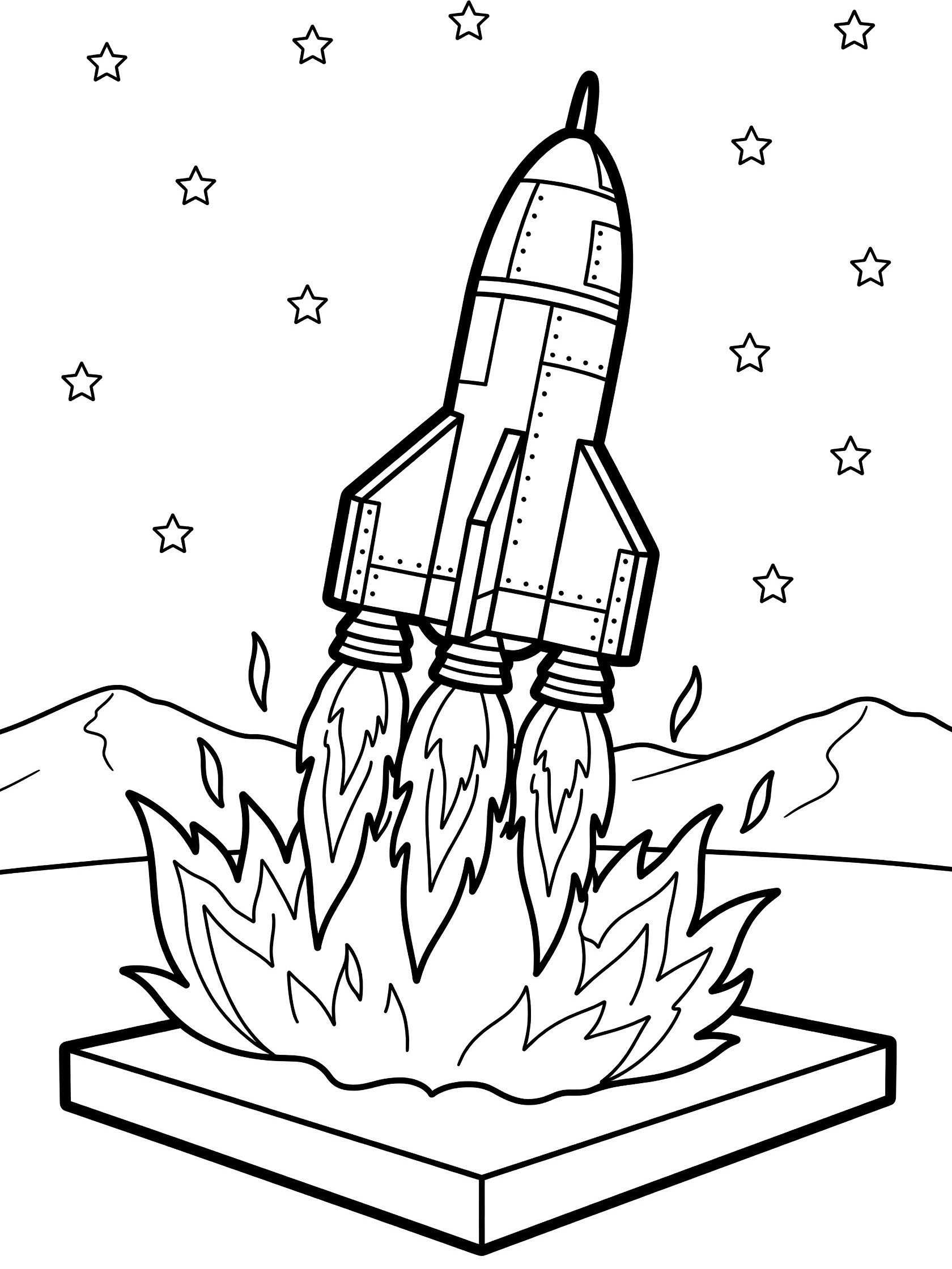 Black and white line art coloring page showing a tall rocket ship on a launch pad with flames shooting out from engines, simple mountains below, and stars in the sky. Starship themed black and white printable line art