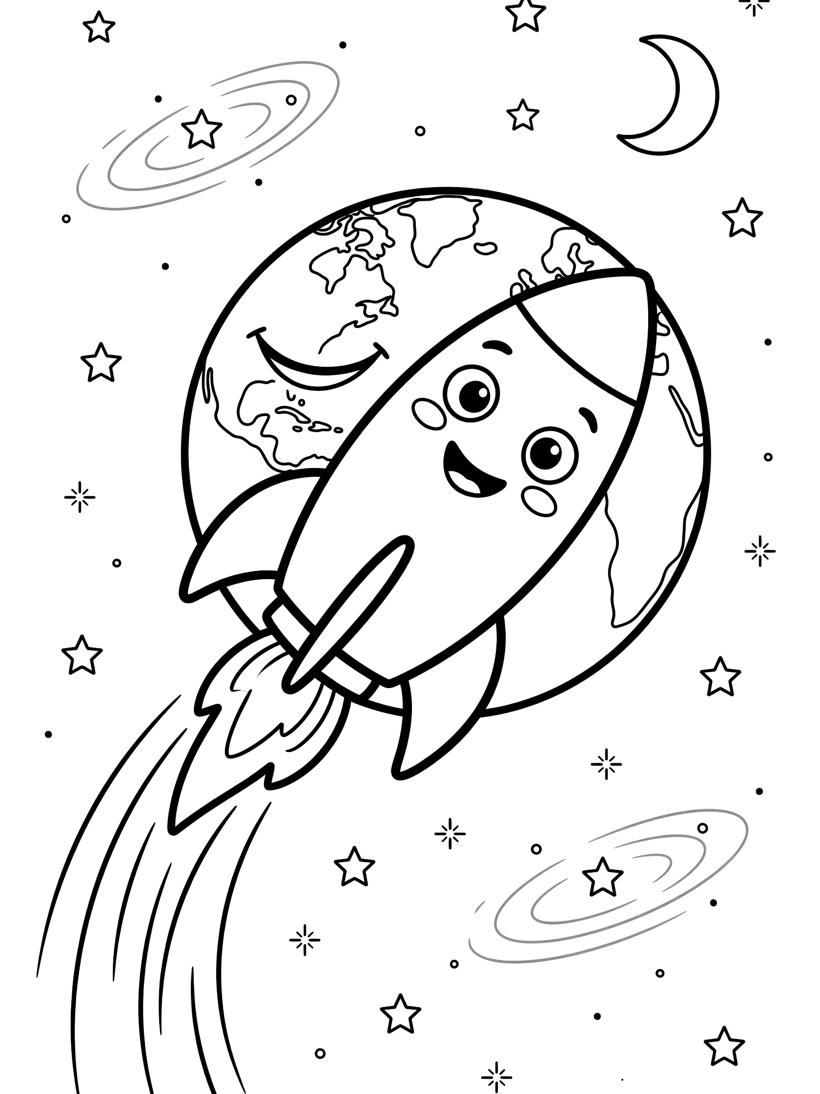 Black-and-white line art of a cute rocket ship with big eyes and rosy cheeks orbiting a round smiling Earth, with stars, crescent moon, and curved exhaust flames.