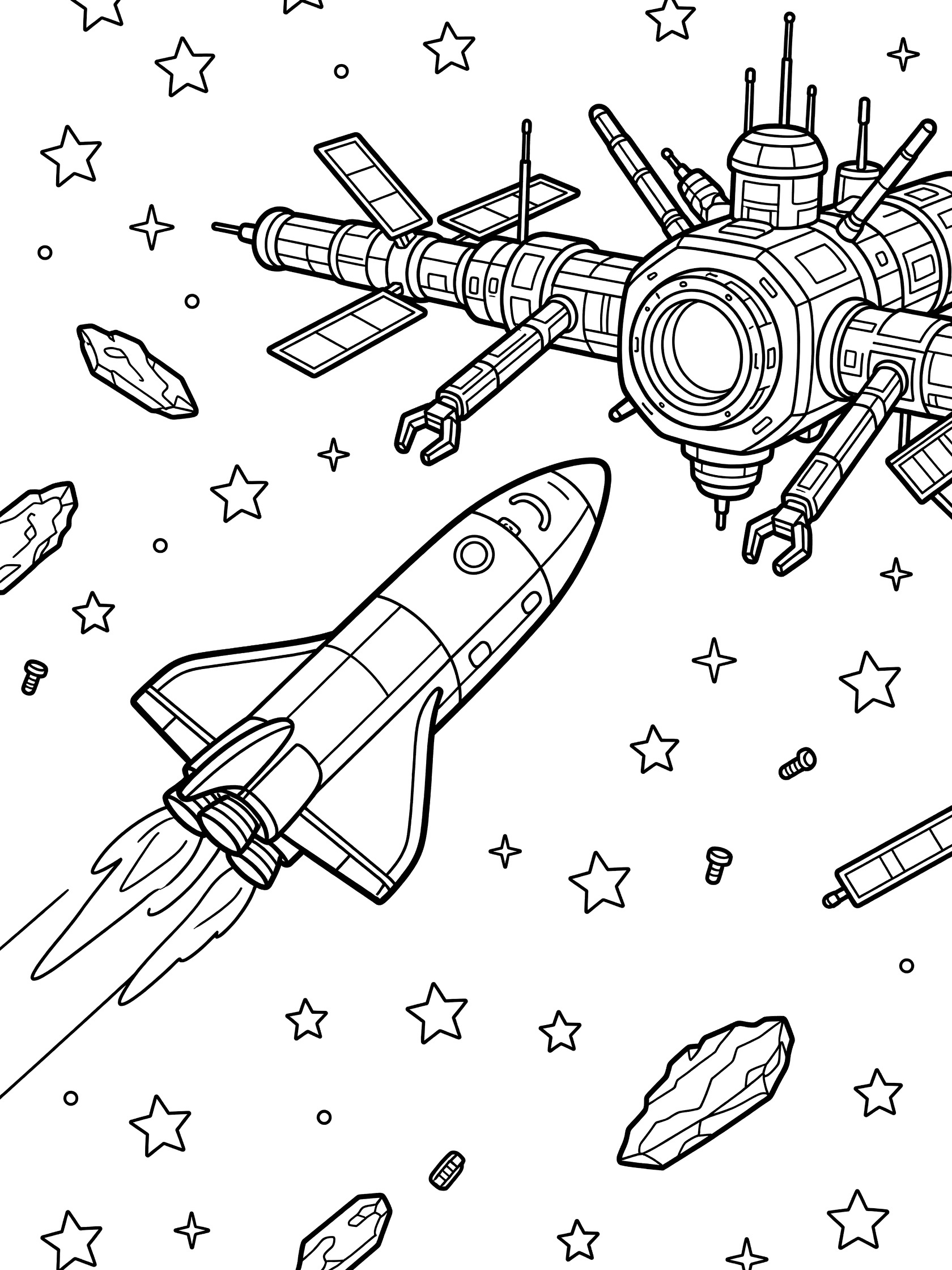 Black-and-white line art of a rocket shuttle approaching a large docking port on a space station, with thrusters firing, robotic arms extended, stars, and floating debris.