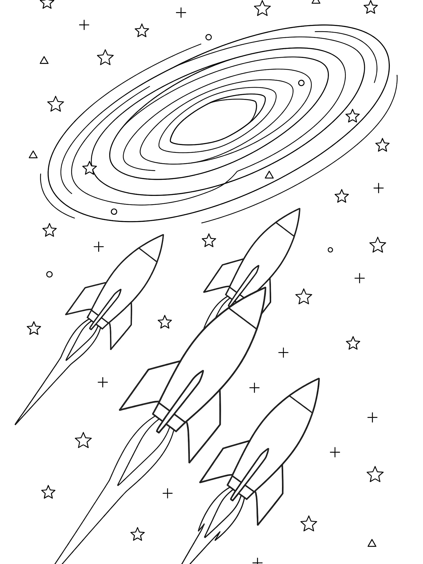 Black and white coloring page of three angular rockets flying in formation to the Andromeda Galaxy spiral with simple stars and exhaust lines.