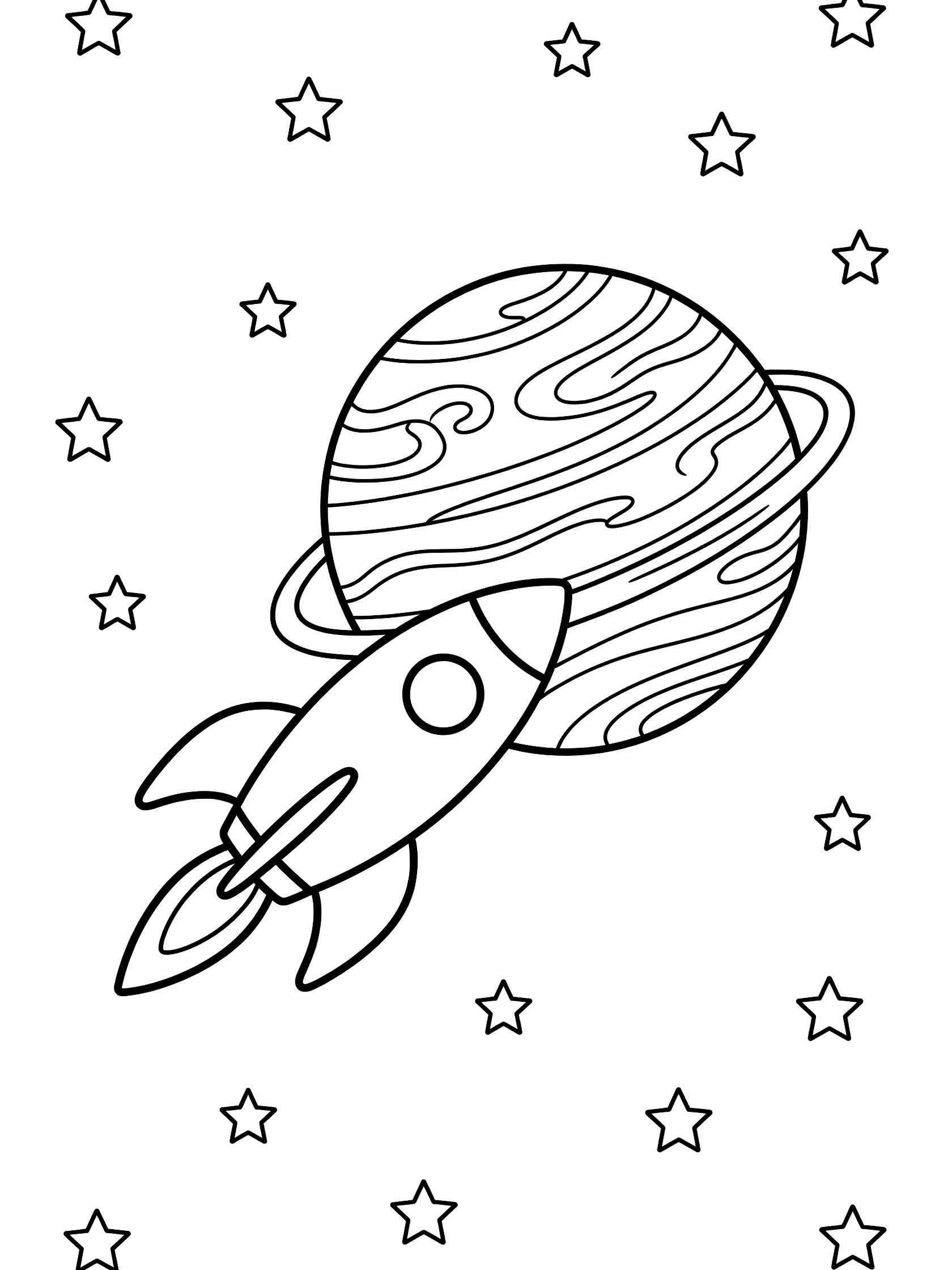 Bold line art coloring page showing a rocketship circling Venus with thick swirling cloud layers and distant stars in space.