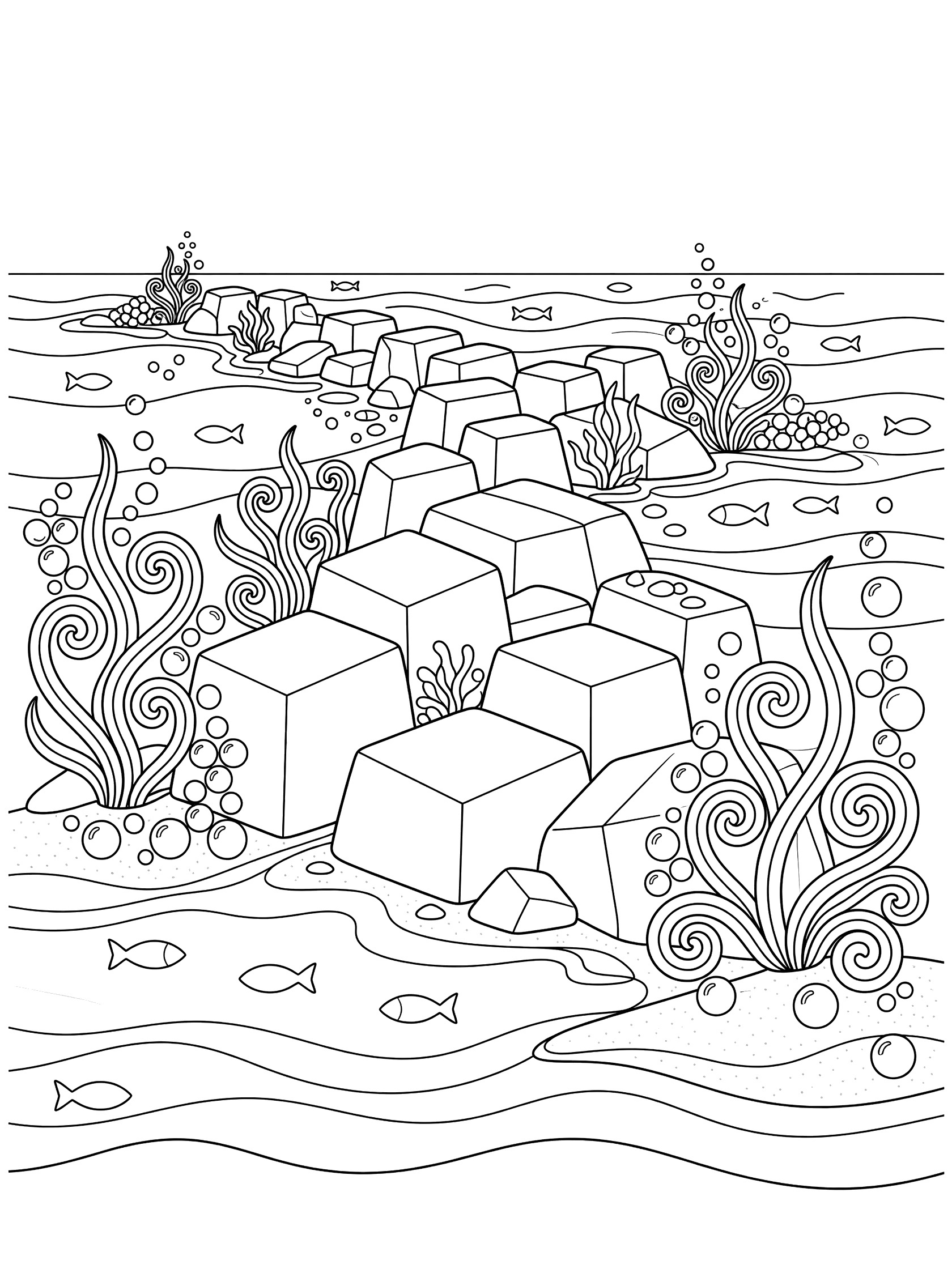 Black and white zentangle coloring page showing rocky jetties made of stacked geometric boulders extending into the sea with seaweed, bubbles, small fish and wave patterns.