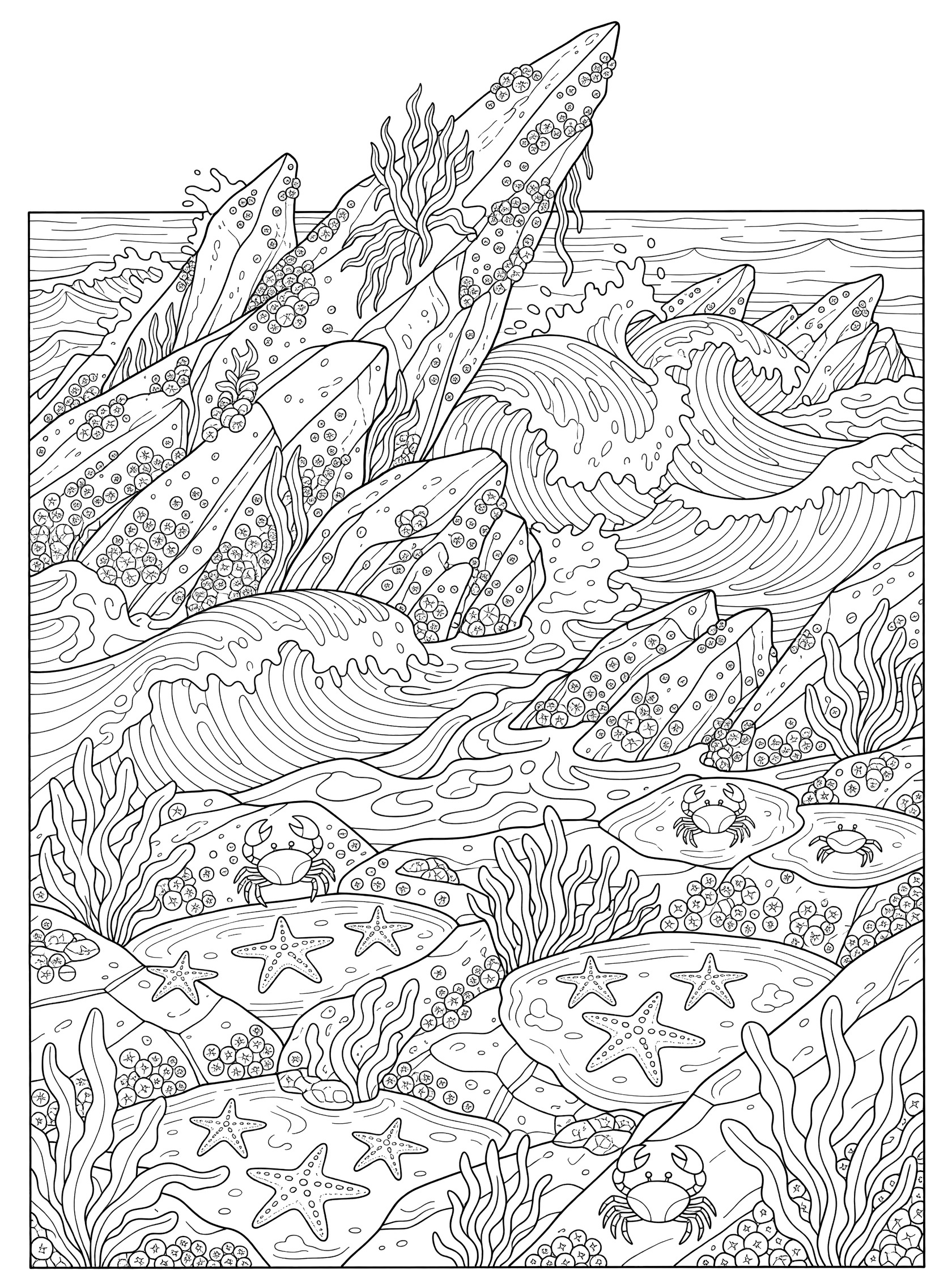 Black and white line art coloring page of ocean rocky shore with jagged rocks covered in barnacles and seaweed, crashing waves, tide pools with crabs and starfish. Maverick's themed black and white printable line art