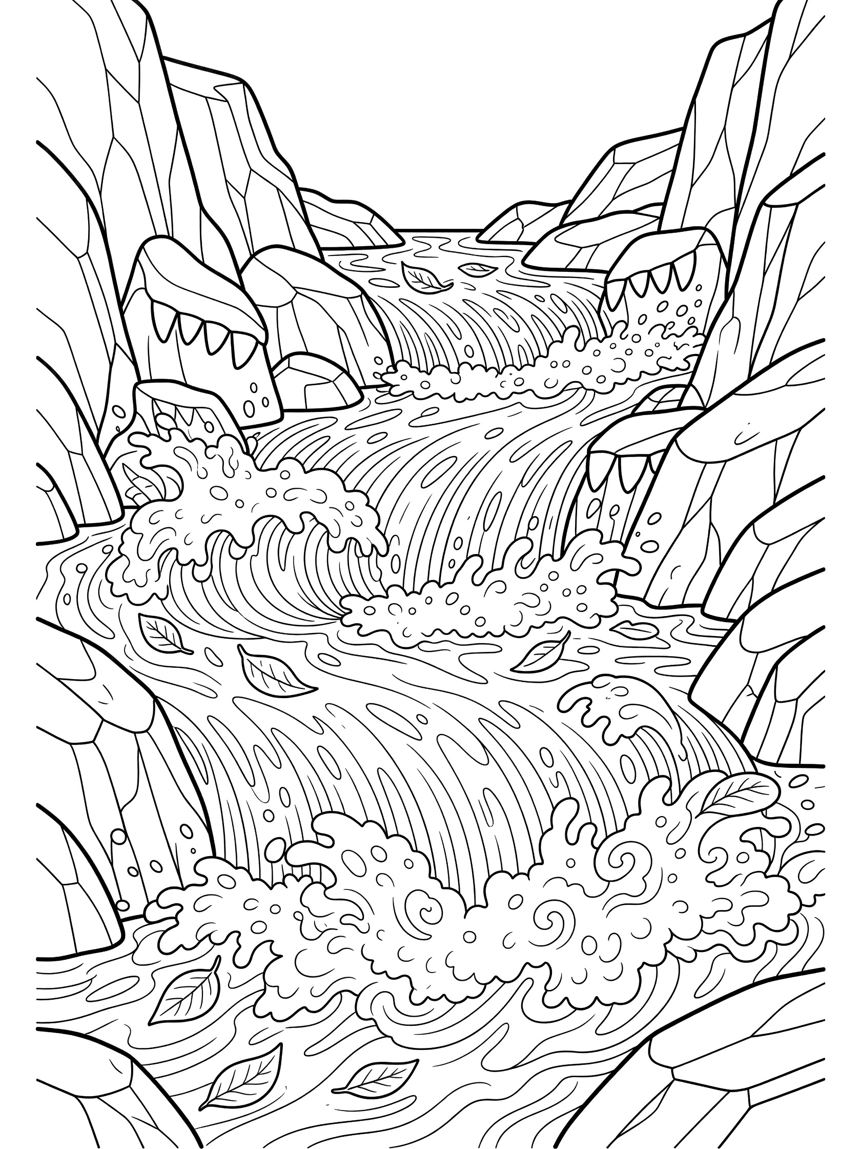 Black and white line art coloring page of a waterfall rushing through jagged rocks with foamy waves and drifting leaves in a narrow canyon. Rio Grande themed black and white printable line art