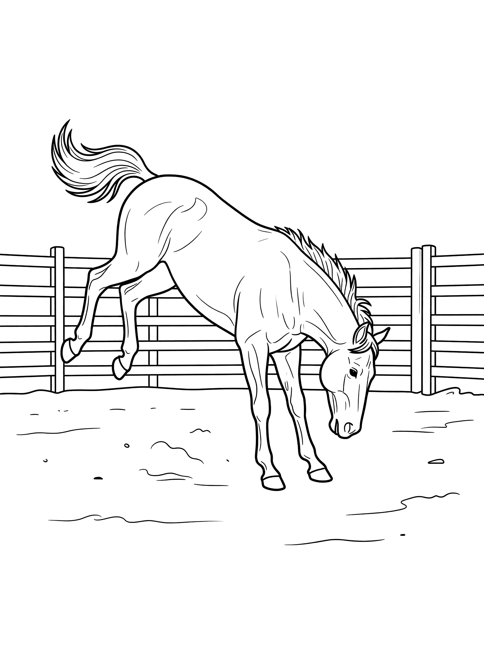 Black and white line drawing of a bronco horse kicking high in a rodeo ring surrounded by wooden fences