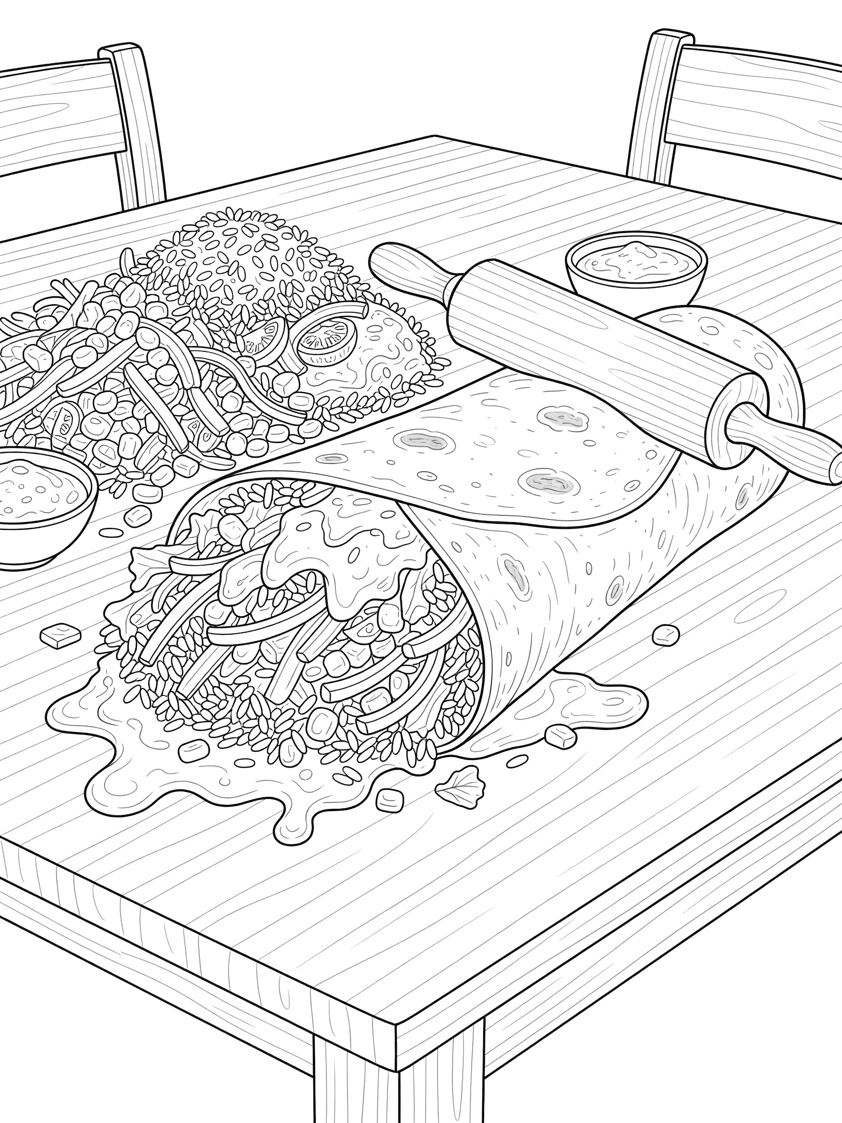 Black and white line art coloring page showing a massive burrito with tortilla wrapped around rice, veggies, and sauce on a table with rolling pin and extra ingredients