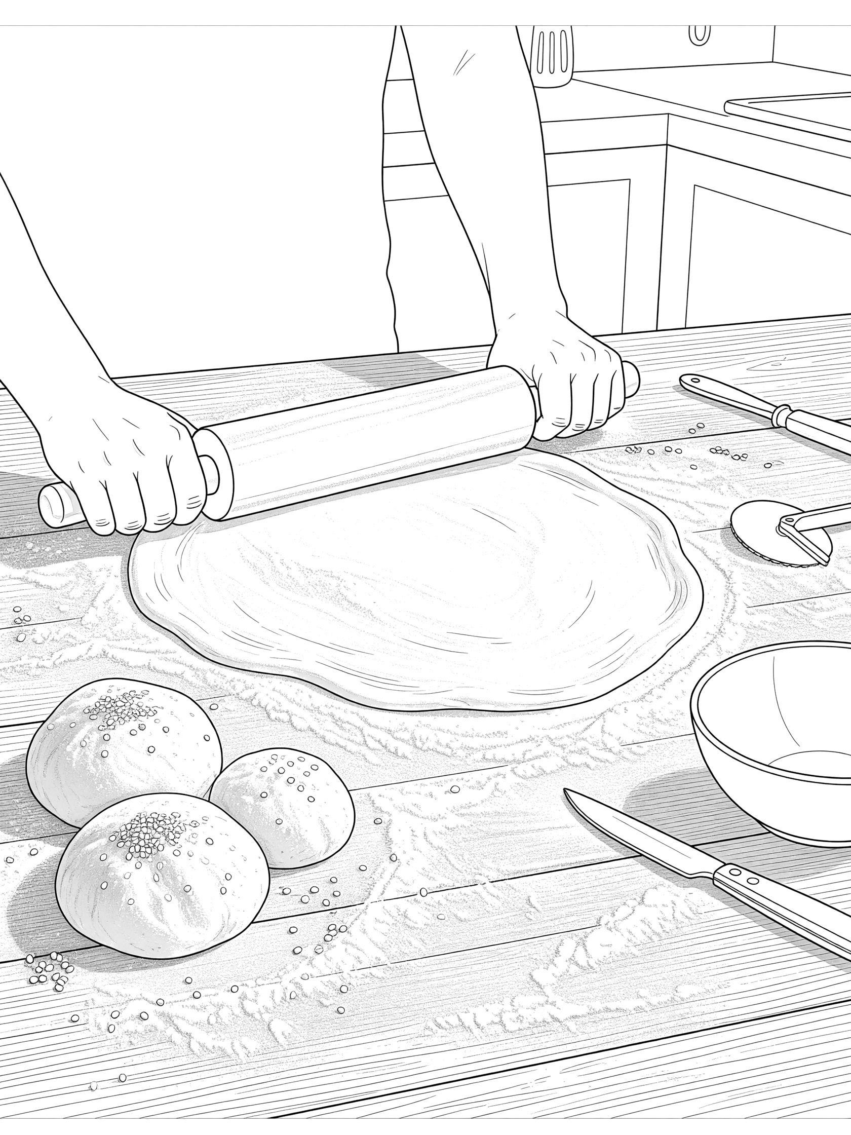 Coloring page showing hands using a rolling pin to flatten pasta dough on a flour-dusted table, next to dough balls, semolina grains, pasta cutter, bowl and knife.