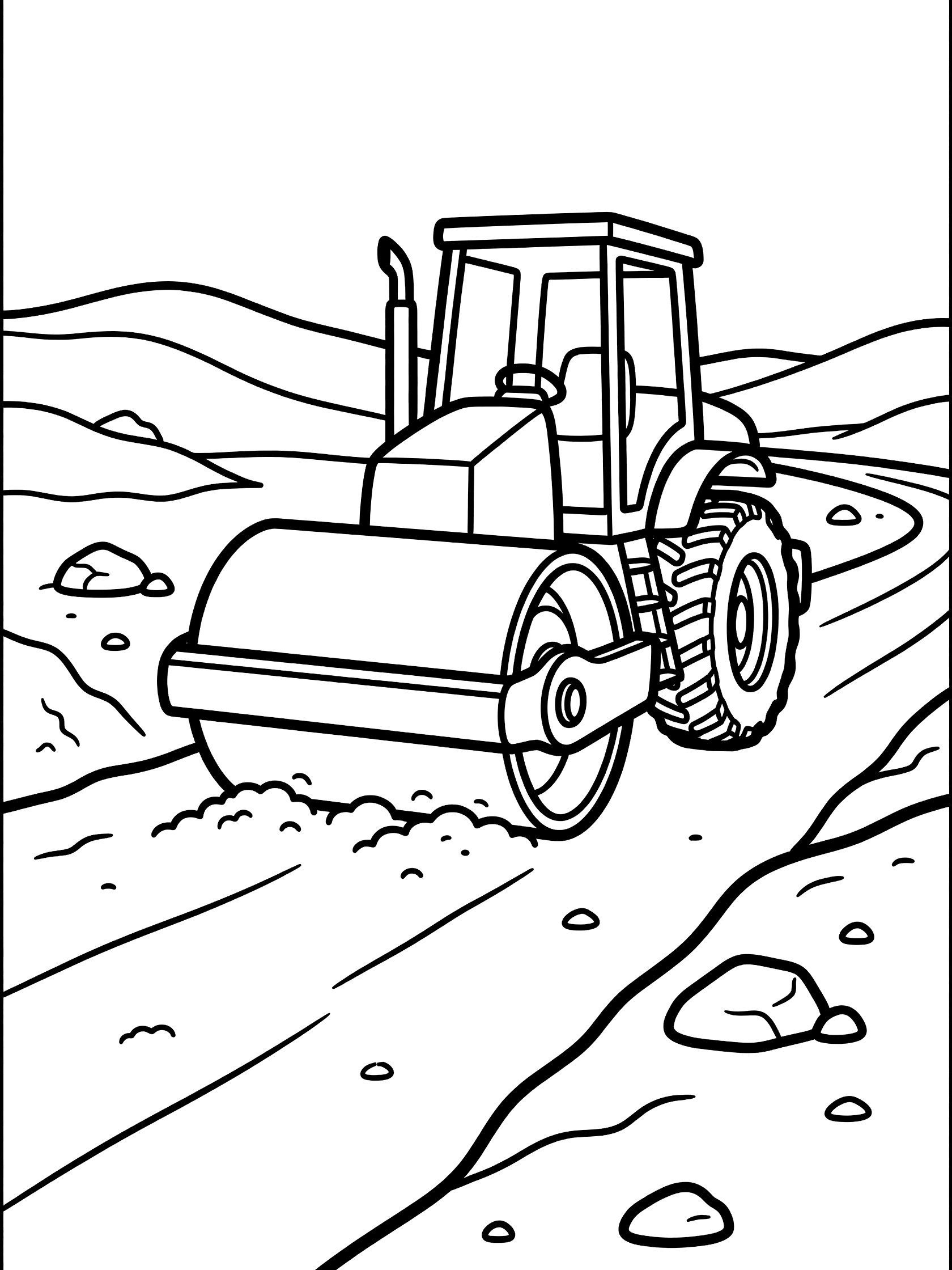 Black and white line art of a soil compactor machine rolling forward on a dirt path with hills and rocks in the background.