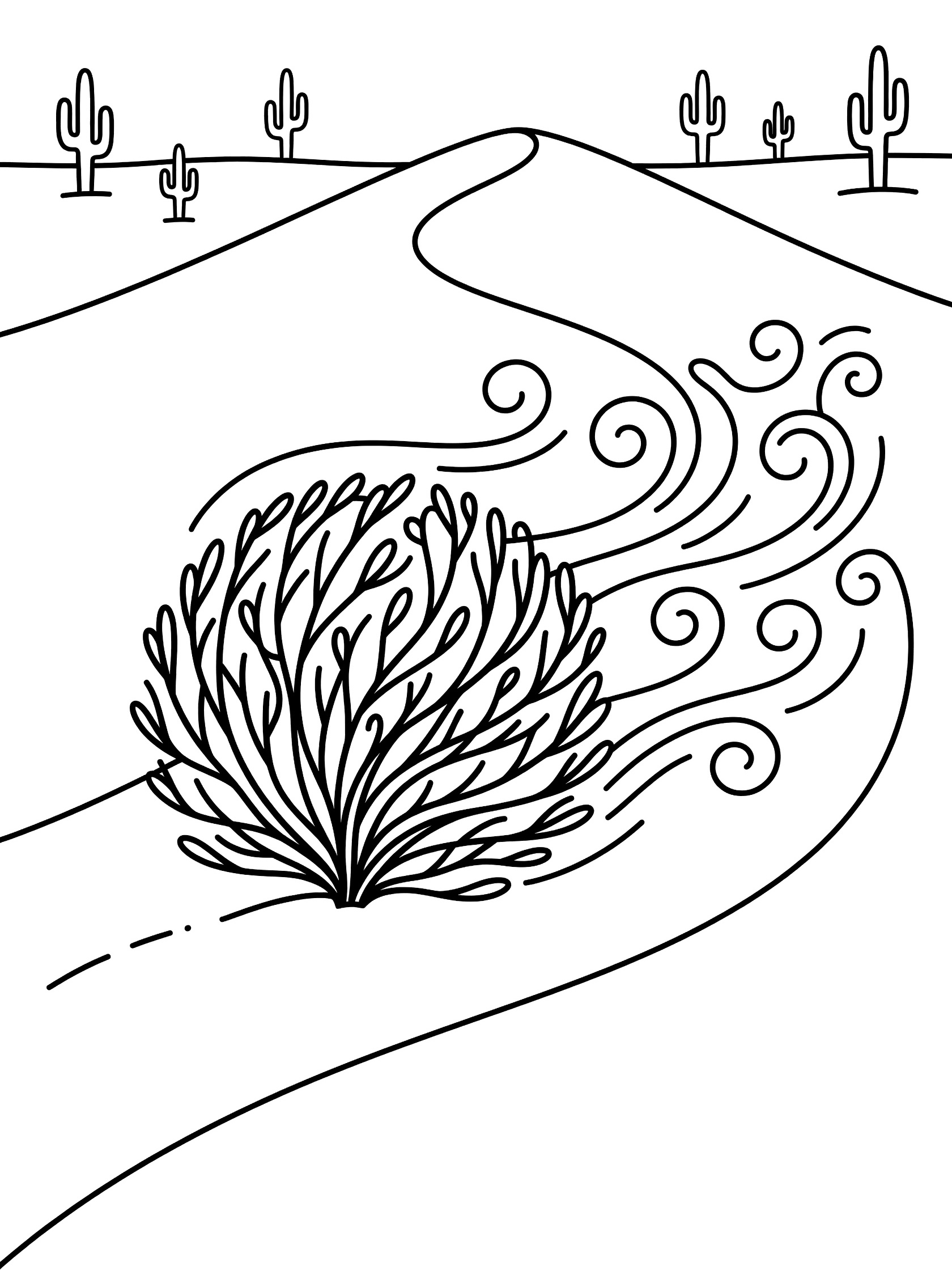 Line art coloring page showing a tumbleweed rolling down a smooth desert dune, trailed by playful wind swirls, with saguaro cacti on the horizon.