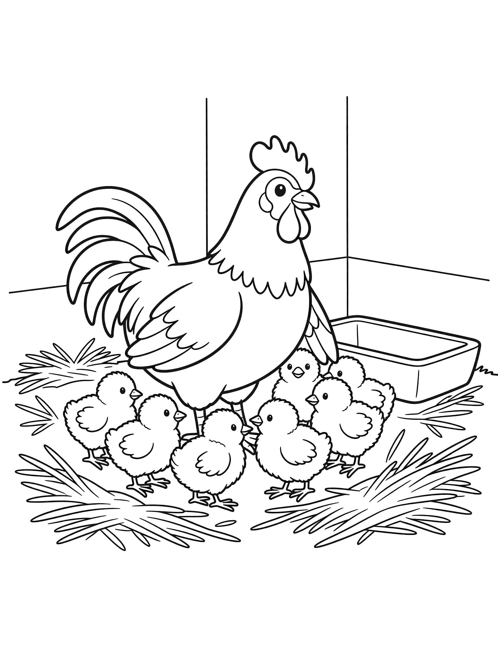 Black and white coloring page of a rooster standing with a group of chicks around it on hay near a feeding trough in a farm coop.