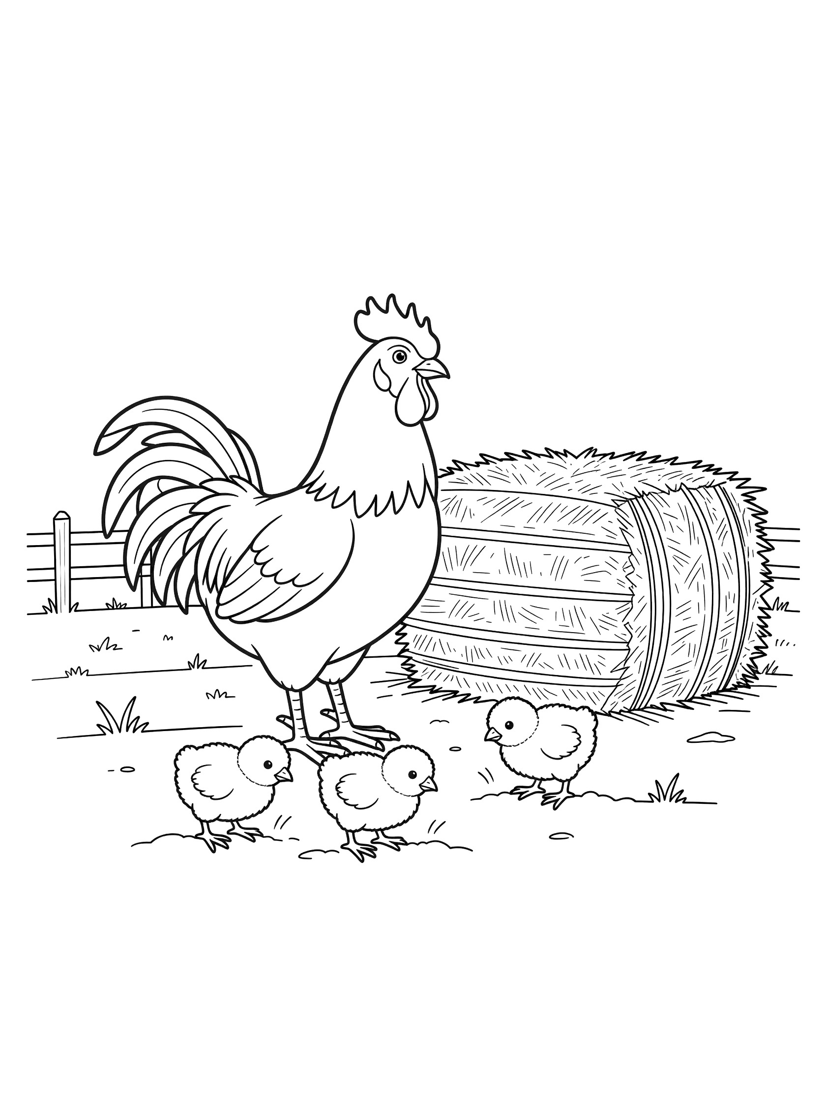 Black and white line art coloring page showing a tall rooster with comb and tail feathers standing over three small chicks scratching by a hay bale and wooden fence in a farmyard. Roosters themed black and white printable line art