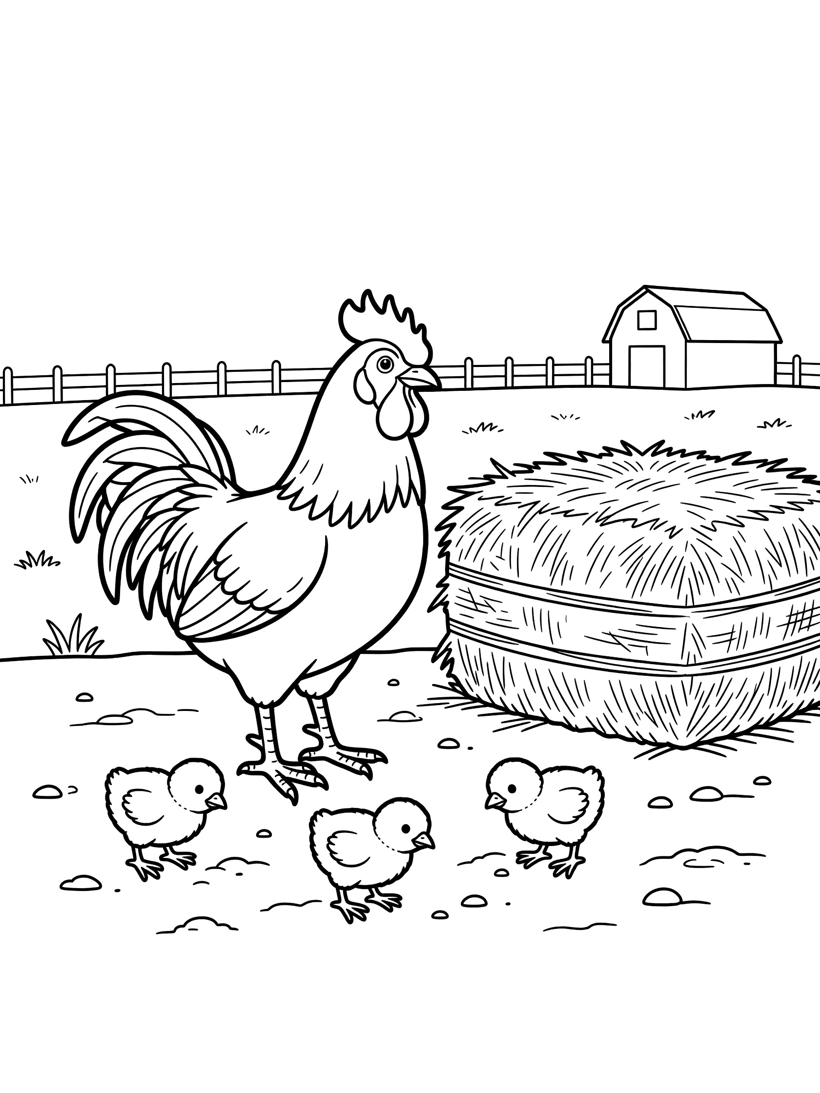 Black and white coloring page of a rooster protecting three chicks by a hay bale in a farmyard with barn and fence.