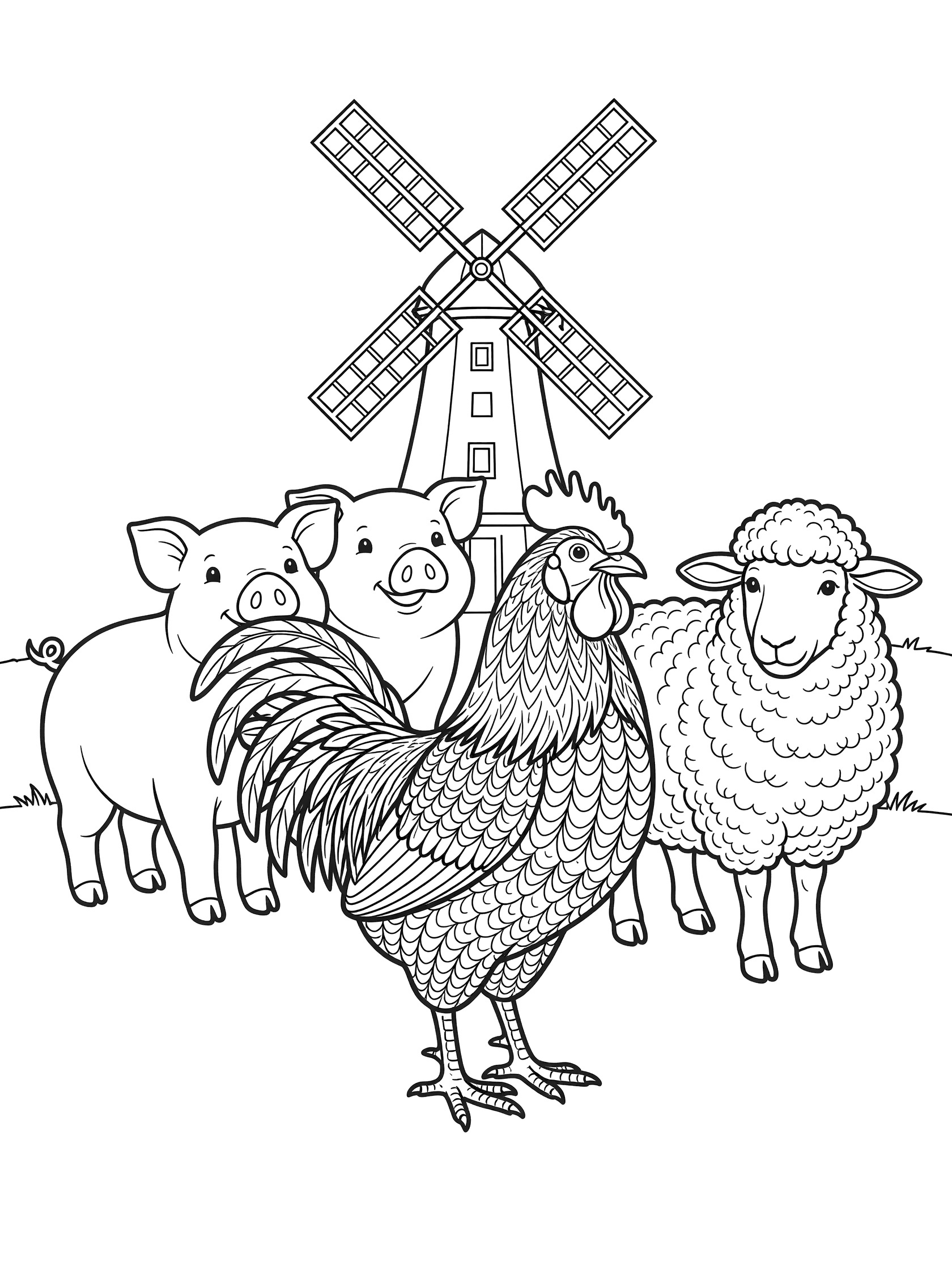 Black and white line art coloring page showing a central rooster, two pigs, two sheep, and a windmill on a farm. Roosters themed black and white printable line art