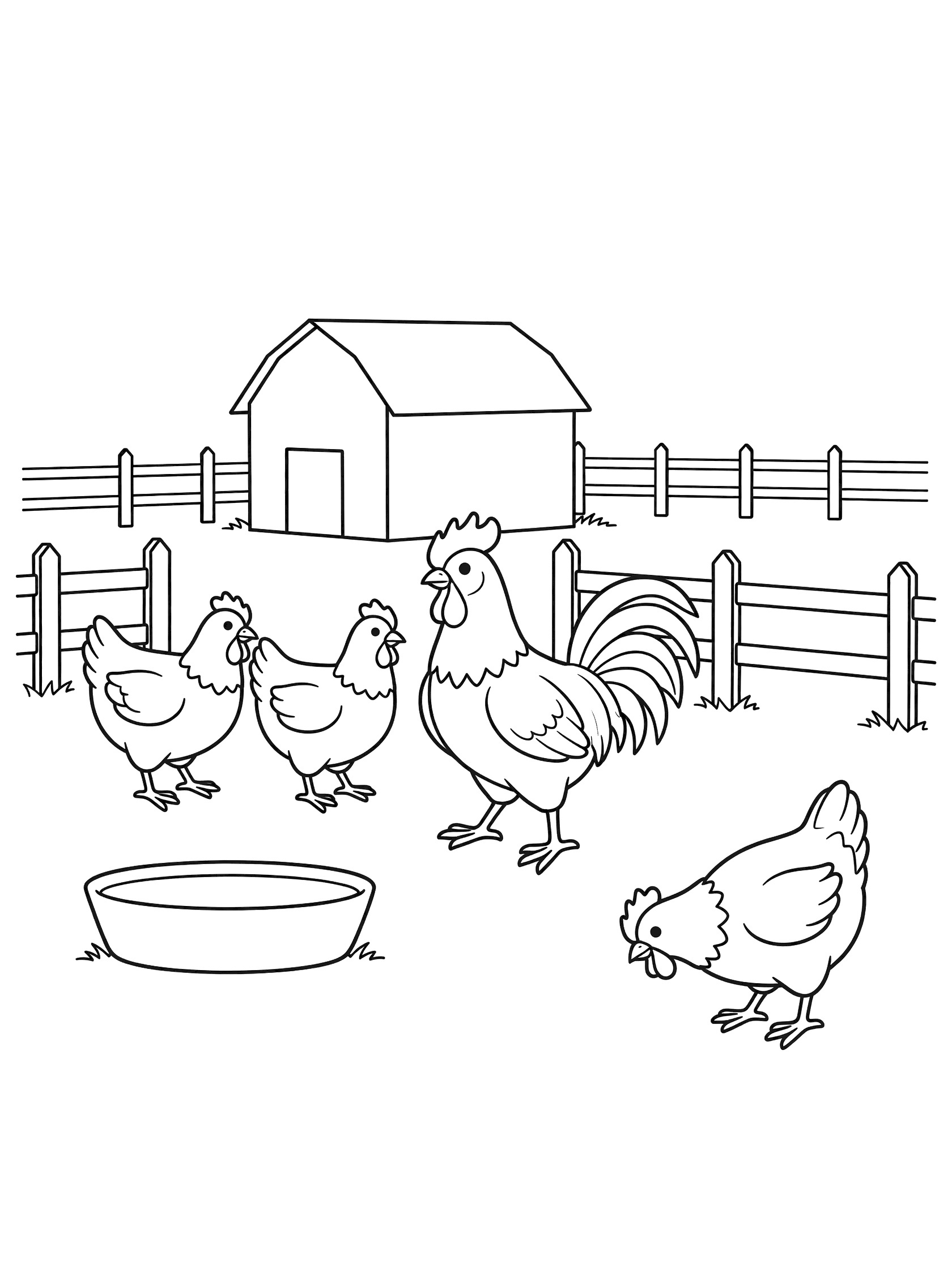 Black and white line art coloring page showing a rooster standing with four hens in a farmyard with coop, fences, and water trough. Roosters themed black and white printable line art