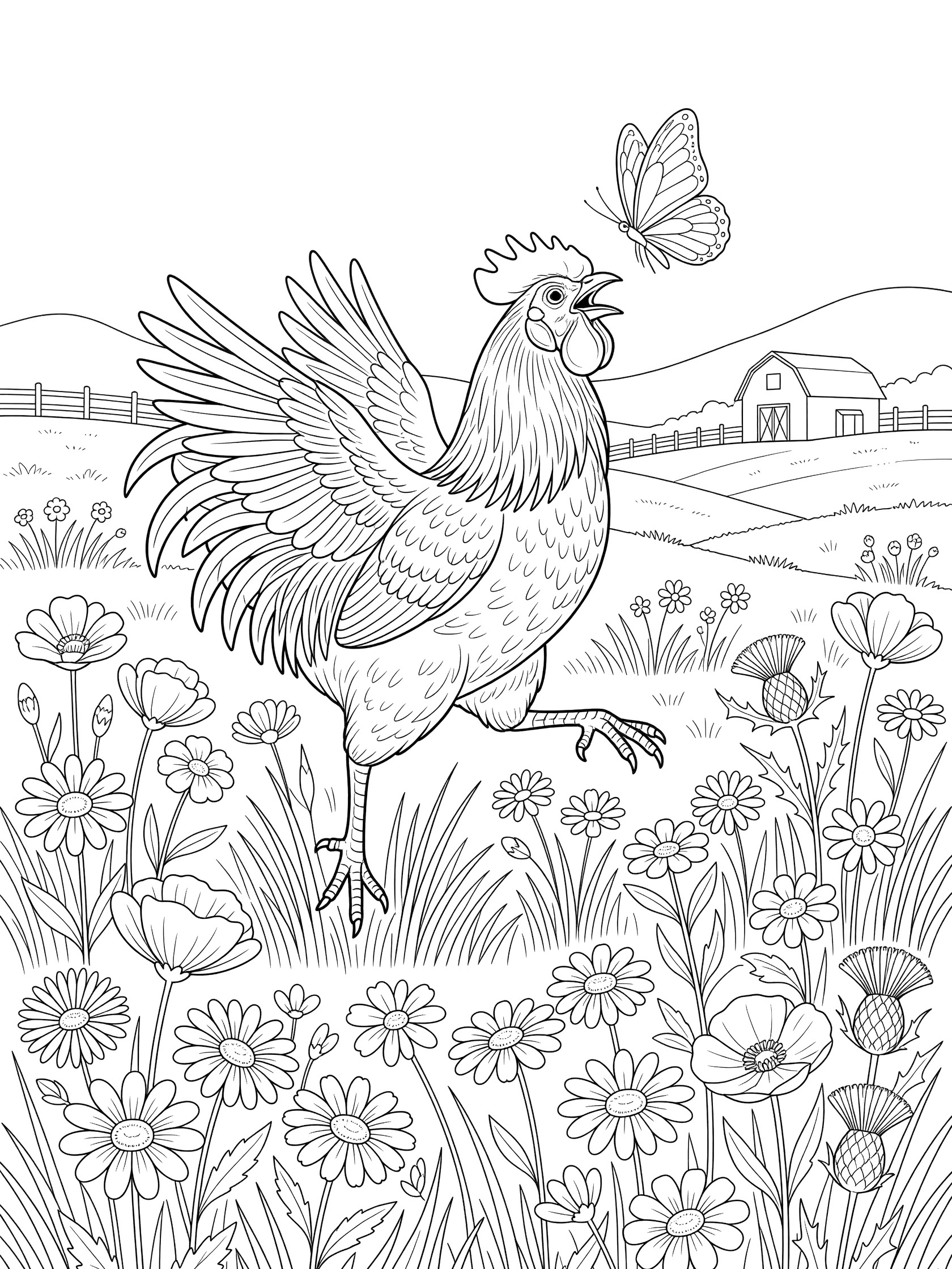 Black and white line art coloring page showing a rooster with open wings and beak leaping toward a butterfly over wildflowers, grass, fence, barn, and hills in a farm scene. Roosters themed black and white printable line art