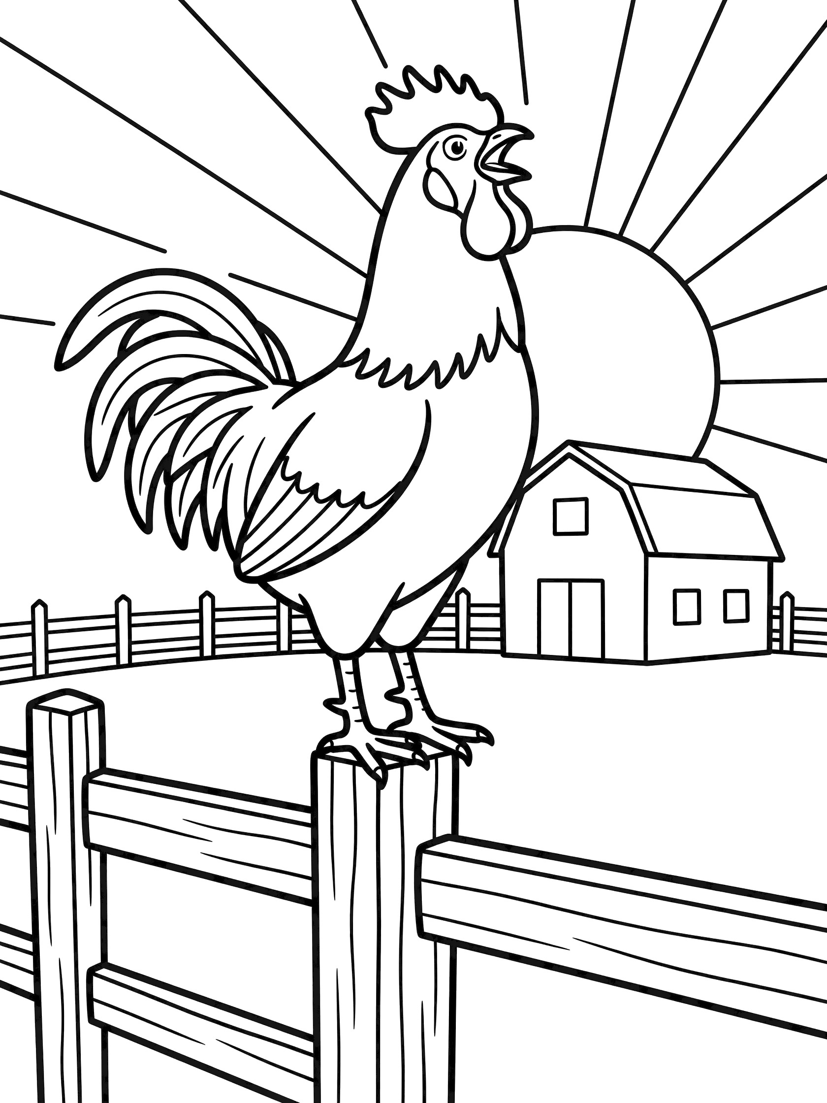 Black and white line art coloring page showing a rooster standing on a fence post crowing, with sun rays, barn and fence in a farm setting. Roosters themed black and white printable line art