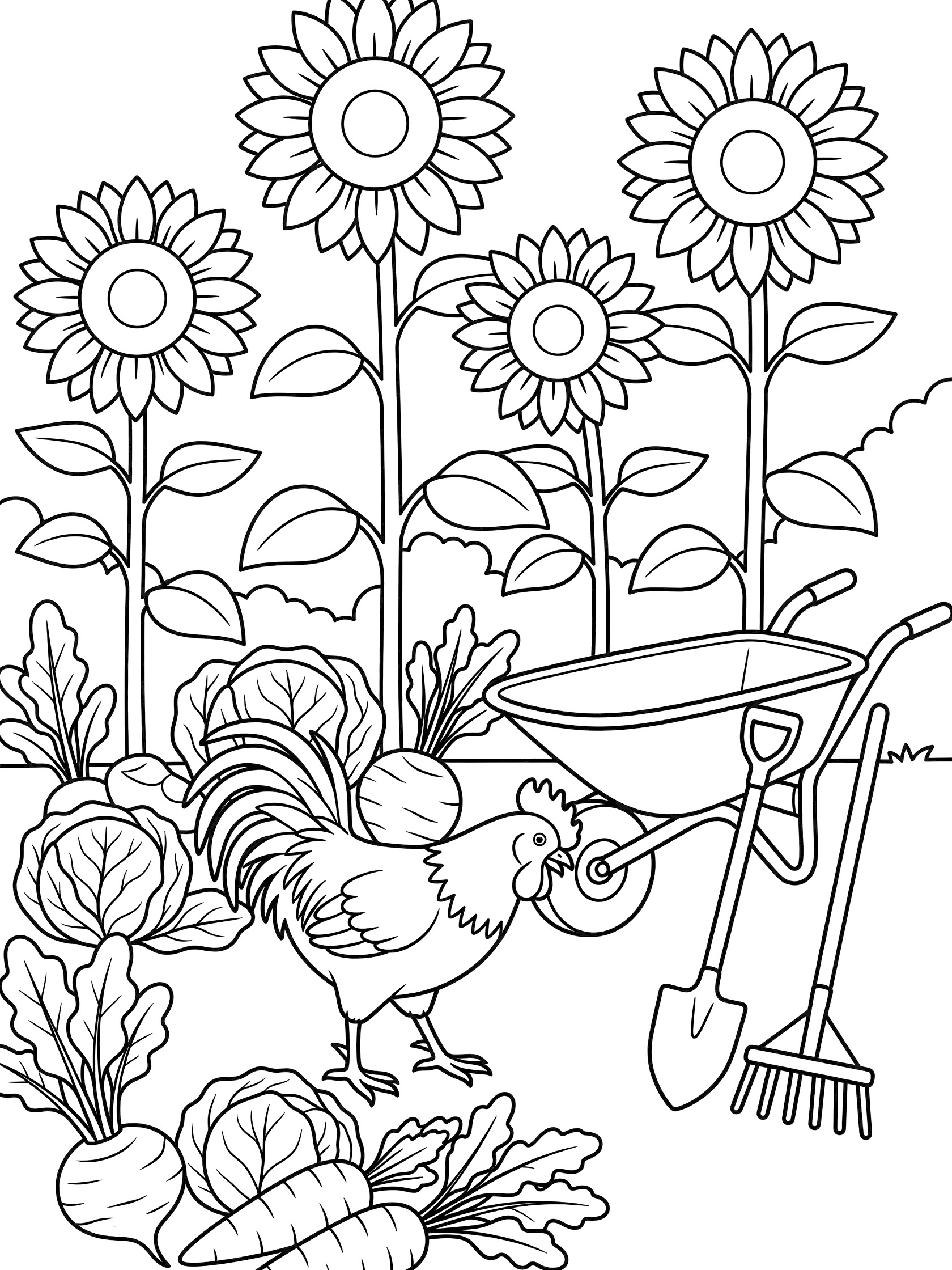 Black and white line art coloring page showing a rooster in a vegetable garden surrounded by tall sunflowers, root vegetables like carrots and beets, leafy cabbage, a wheelbarrow, and garden shovel and rake.