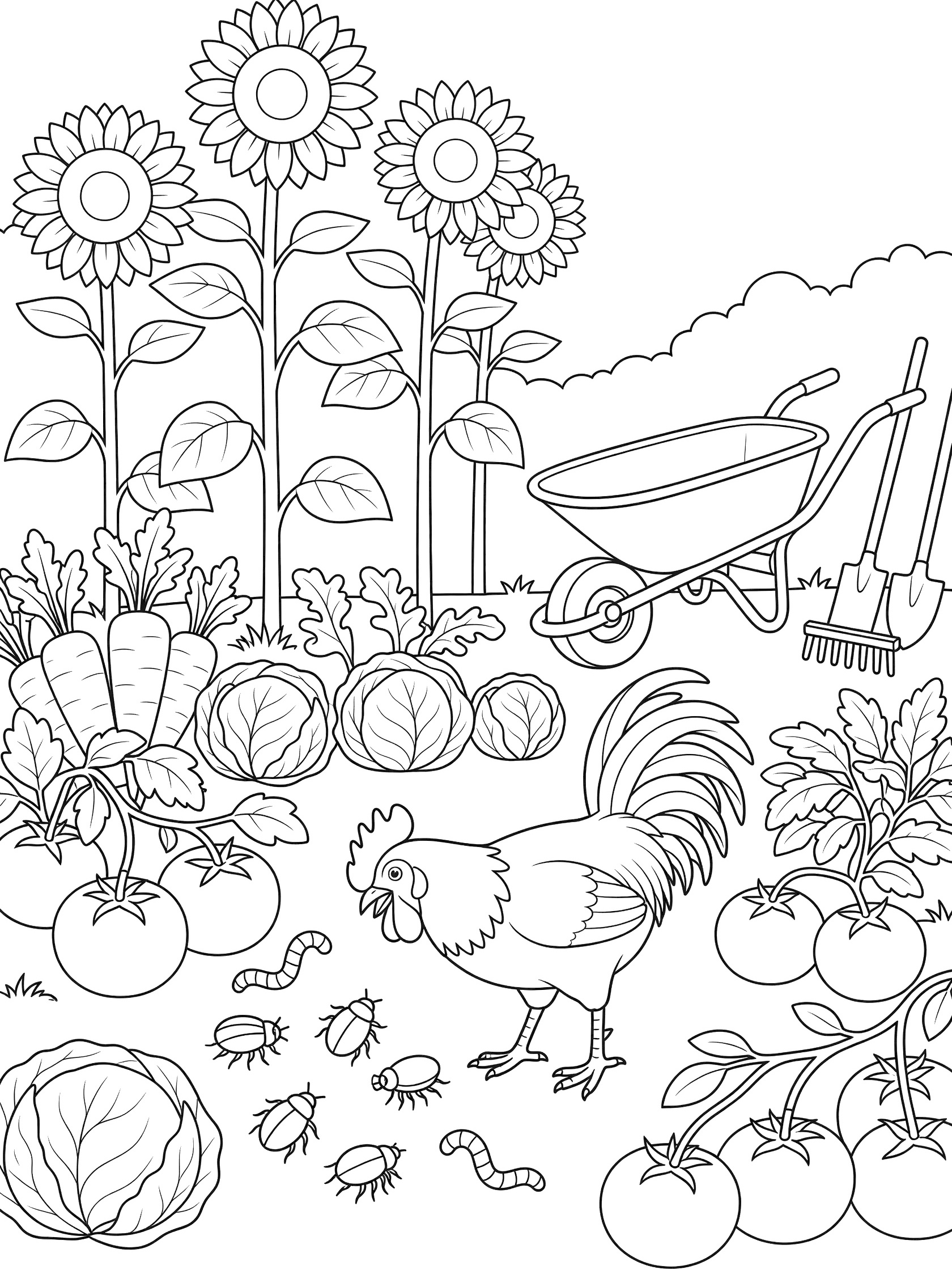 Black and white line art coloring page showing a rooster pecking at bugs near tomatoes, with tall sunflowers, carrots, cabbage, wheelbarrow and garden tools in a veggie garden. Roosters themed black and white printable line art