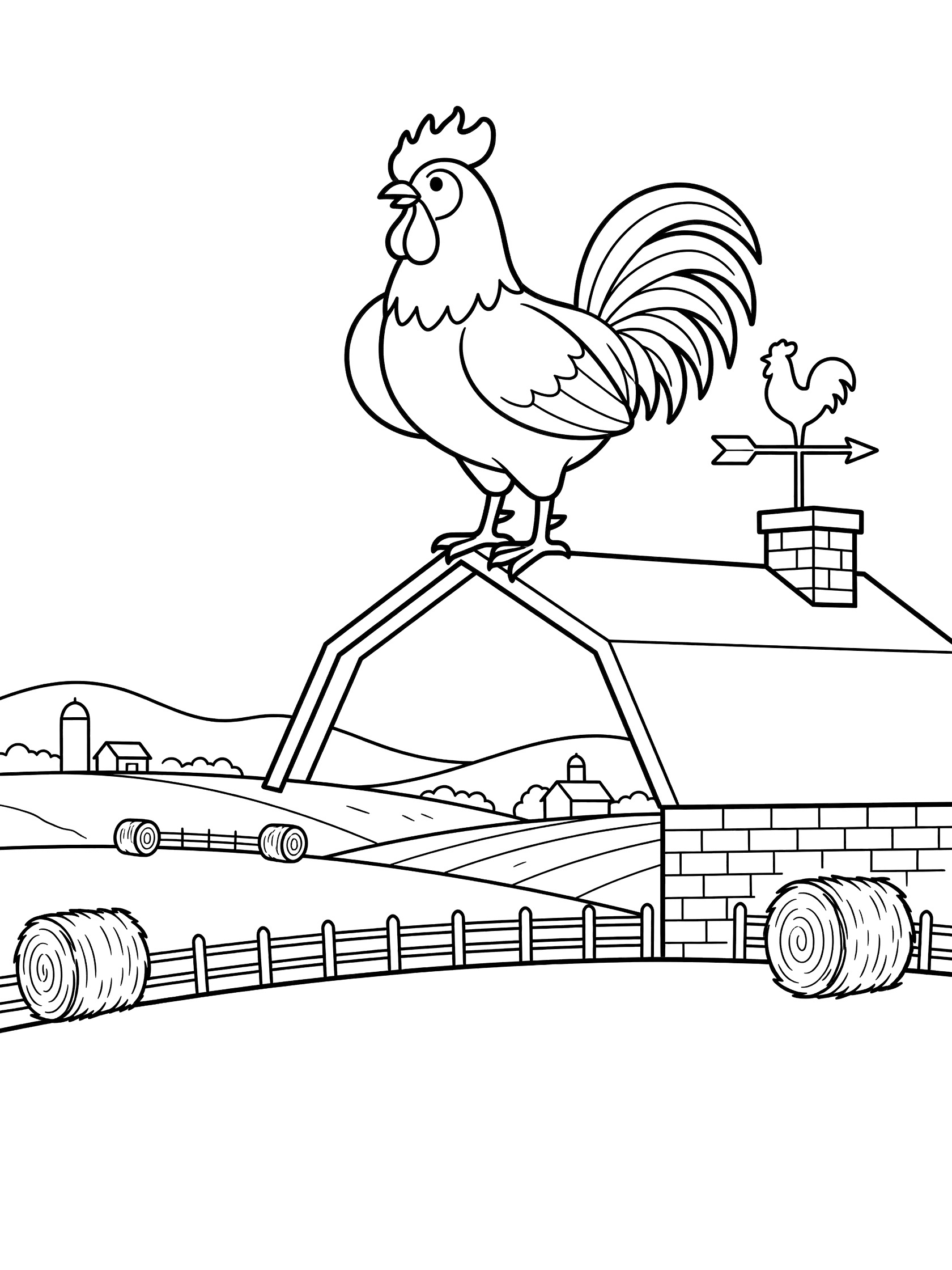 Black and white line art coloring page showing a rooster perched on top of a red barn roof next to a weather vane and chimney, with farm fields, hay bales, and fences below. Roosters themed black and white printable line art