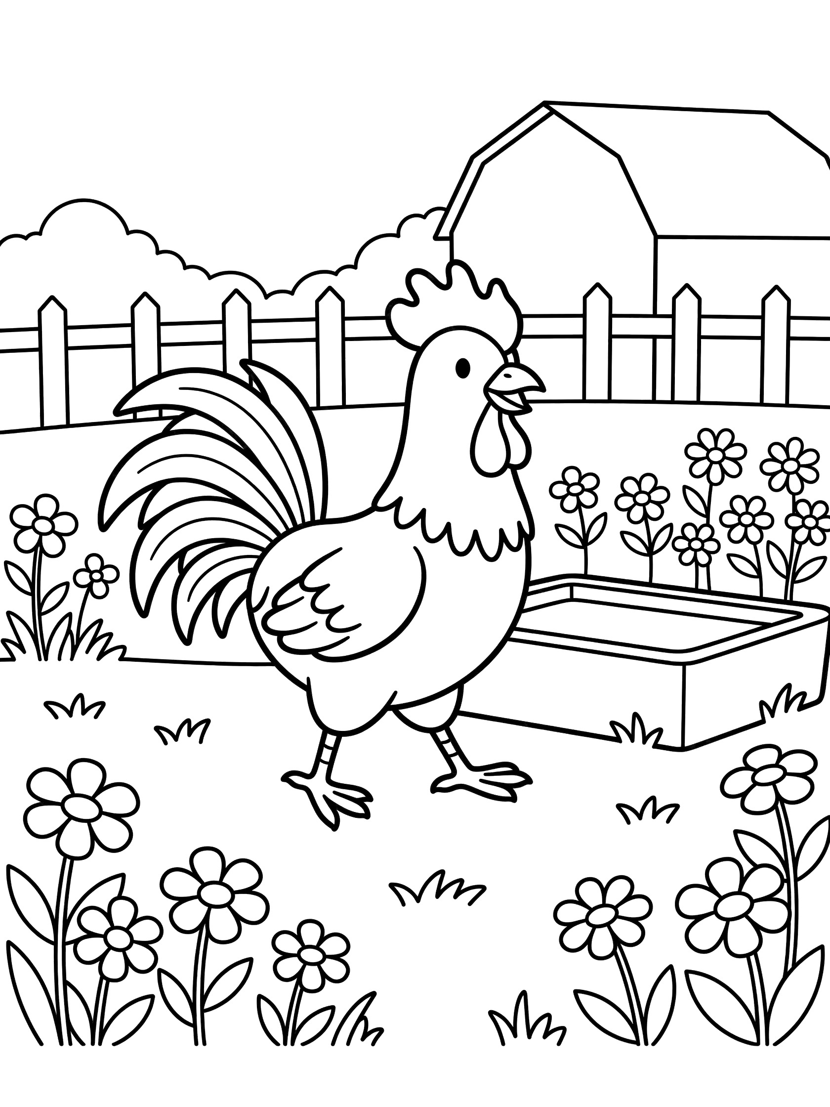 Black and white line art coloring page showing a rooster standing by a water trough with flowers, grass, fence and barn in the background.