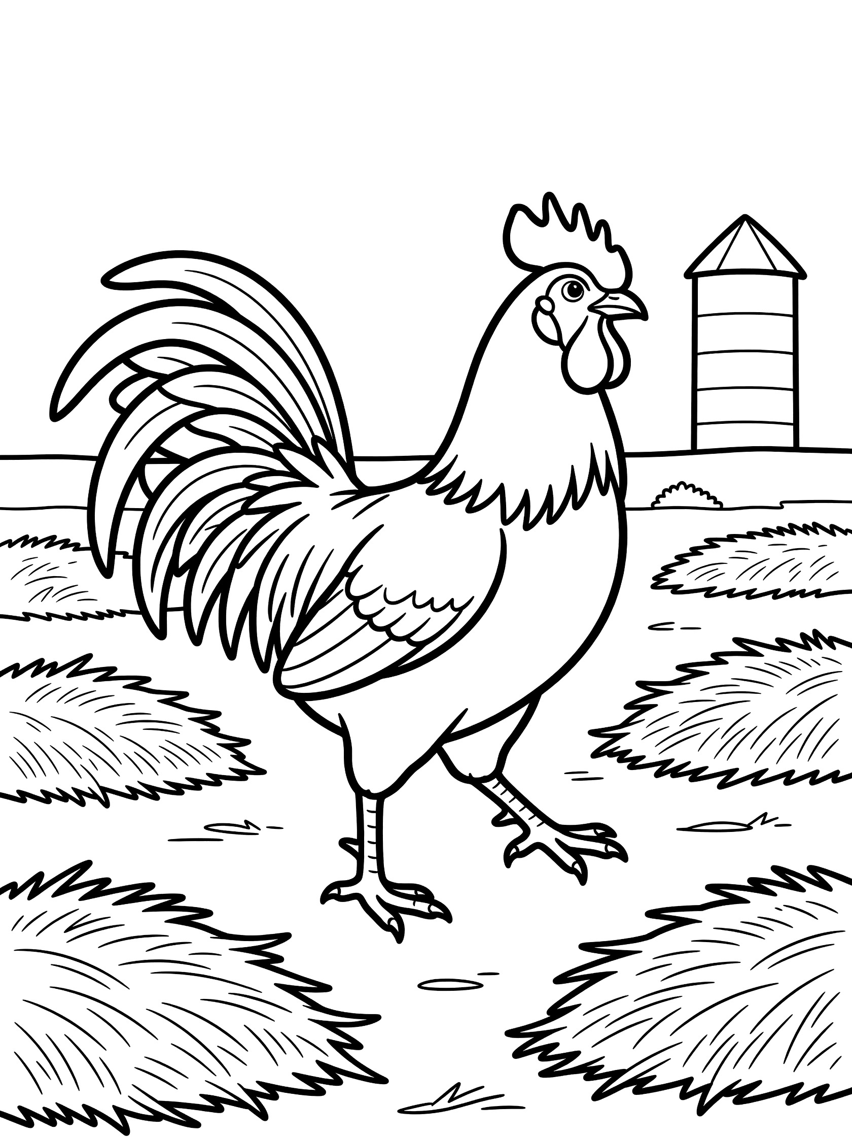 Black and white line art coloring page showing a detailed rooster with fanned tail feathers strutting across a farmyard with hay piles and a silo. Roosters themed black and white printable line art