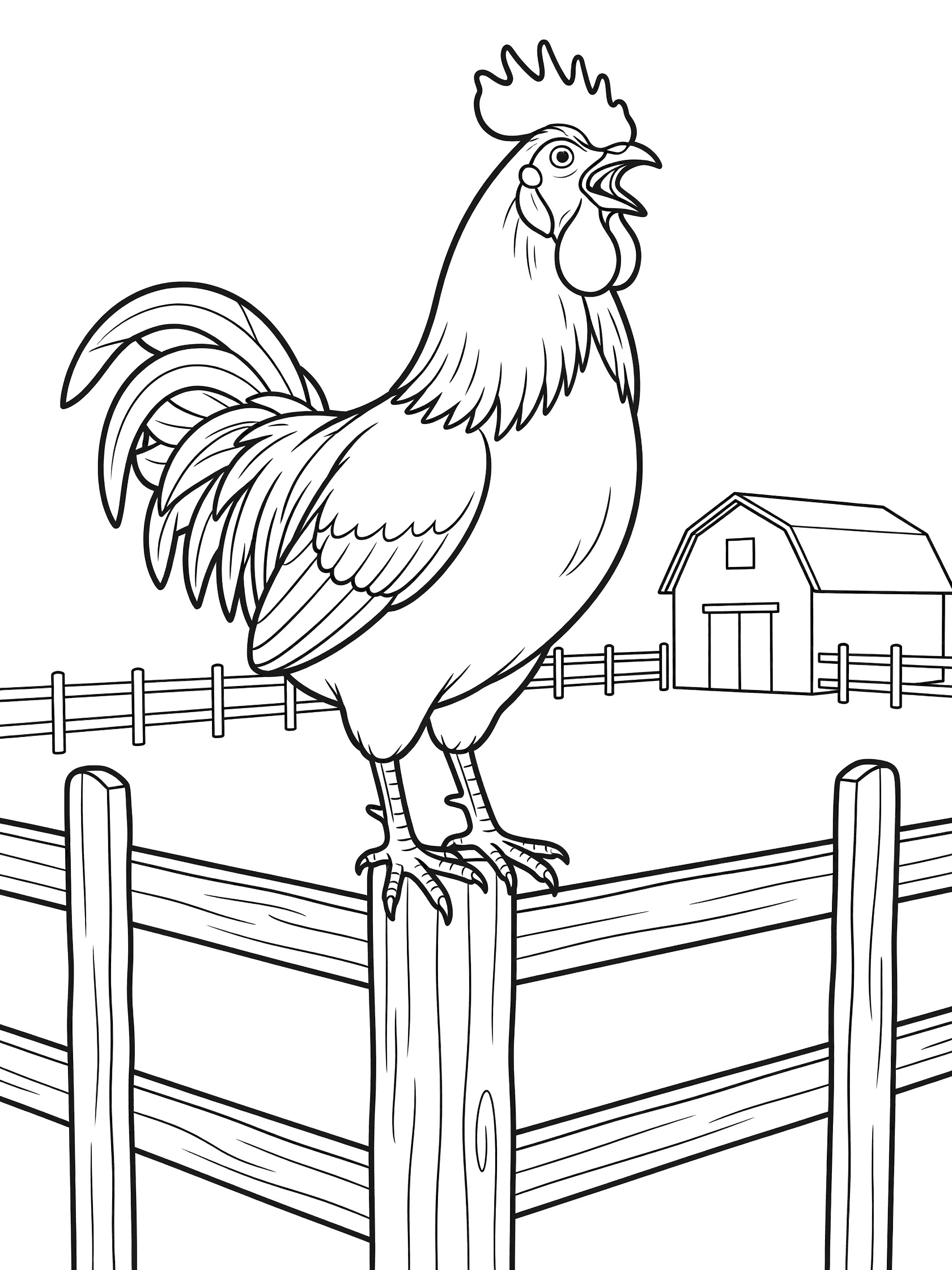 Black and white line art coloring page showing a rooster crowing on a wooden fence post with a barn and fence in the background. Chickens themed black and white printable line art