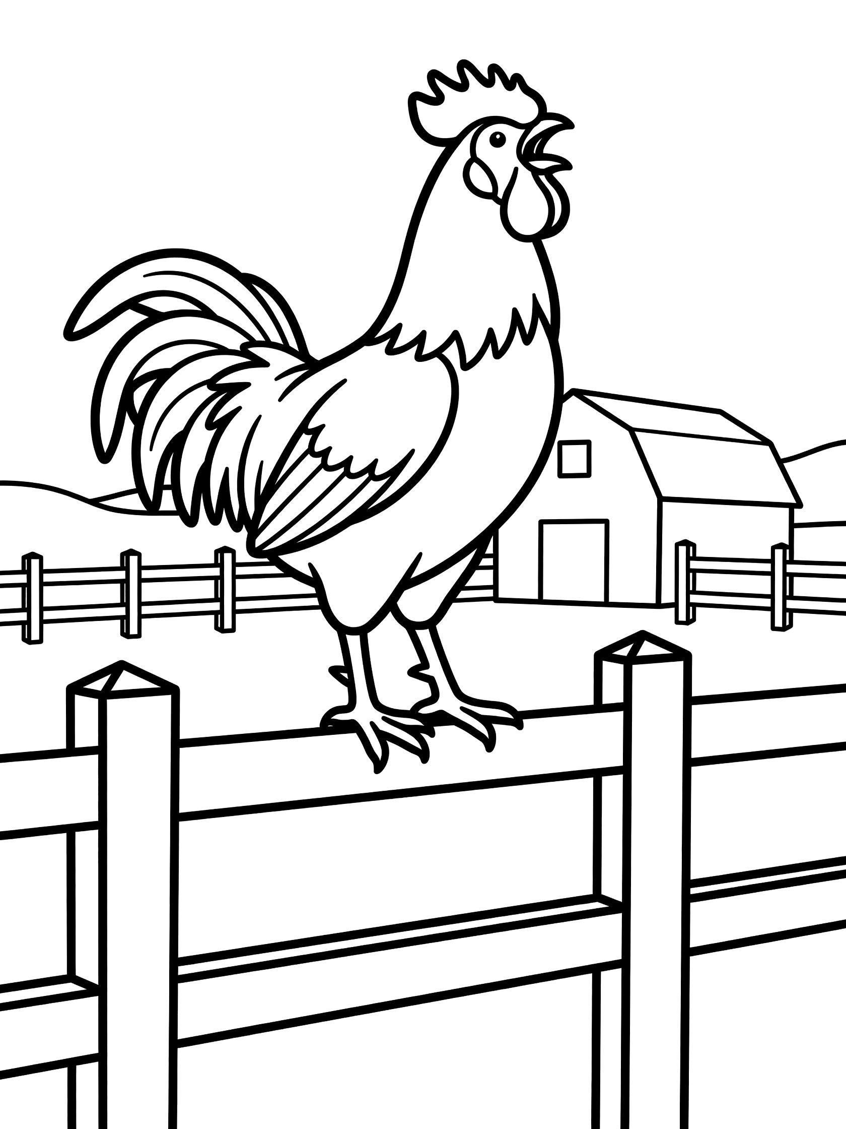 Black and white line art coloring page showing a rooster standing on a wooden fence, crowing with head back, wings out, barn and hills in background.