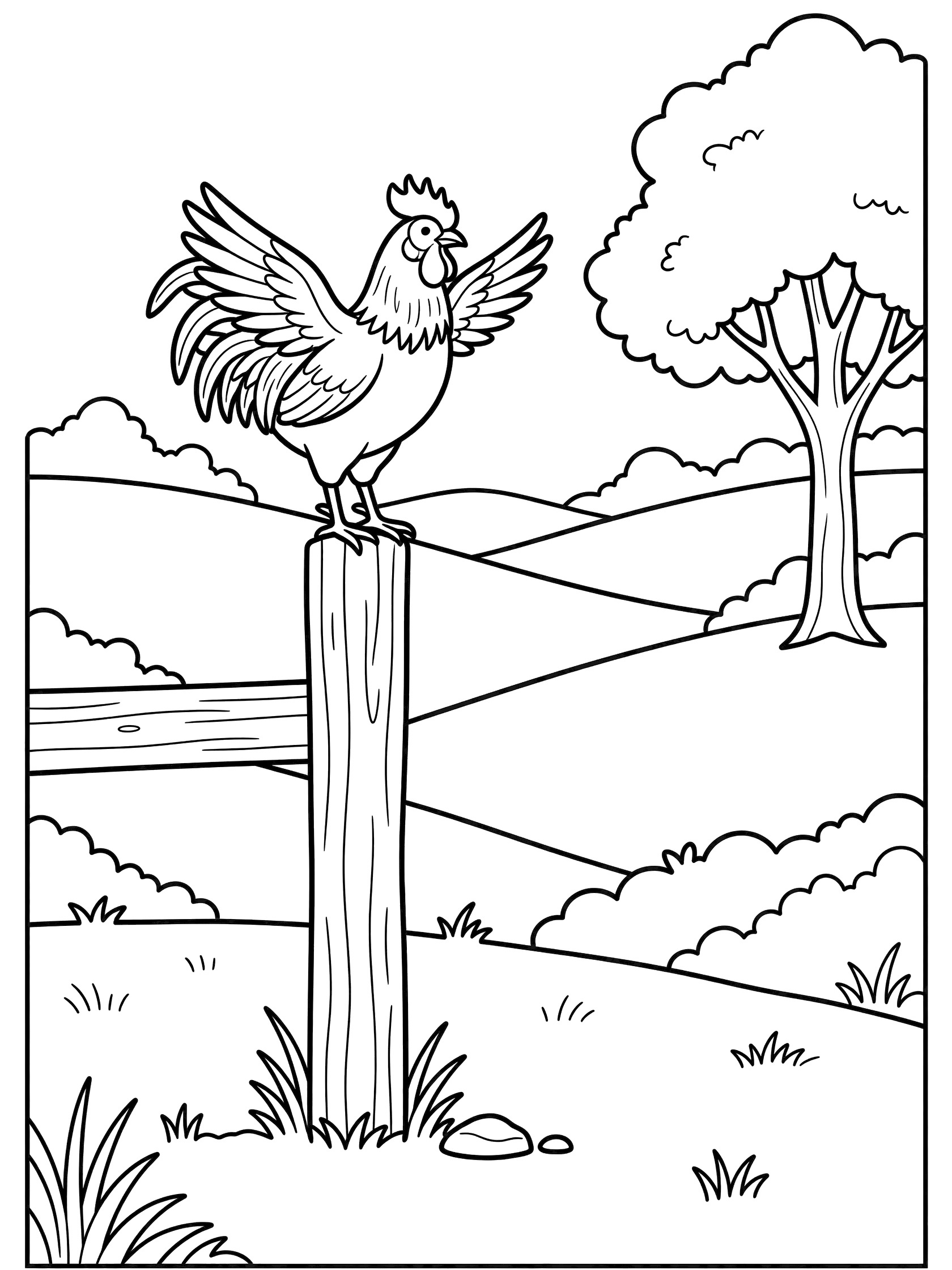 Black and white line art coloring page showing a rooster with spread wings on a wooden fence post, rolling hills, tree, bushes and grass in a farm scene. Roosters themed black and white printable line art