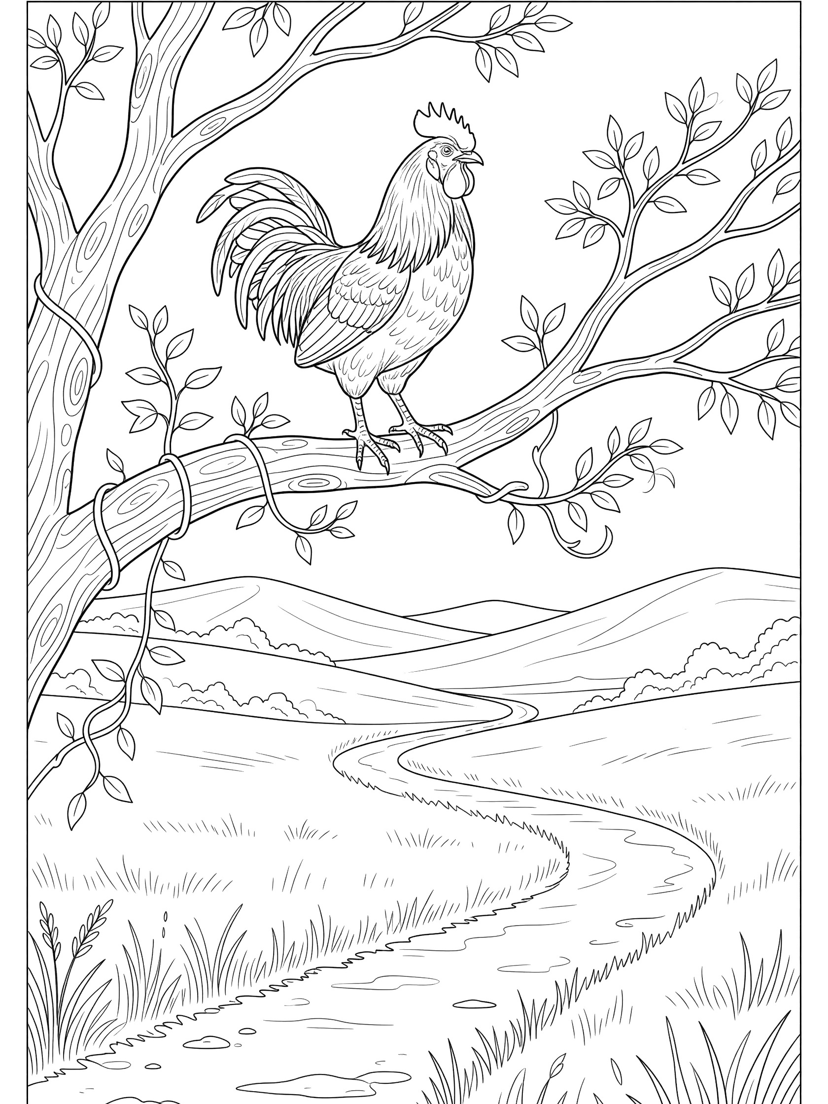 Black and white line art coloring page of a rooster on a tree branch overlooking a meadow with path, hills, grass, leaves and vines.