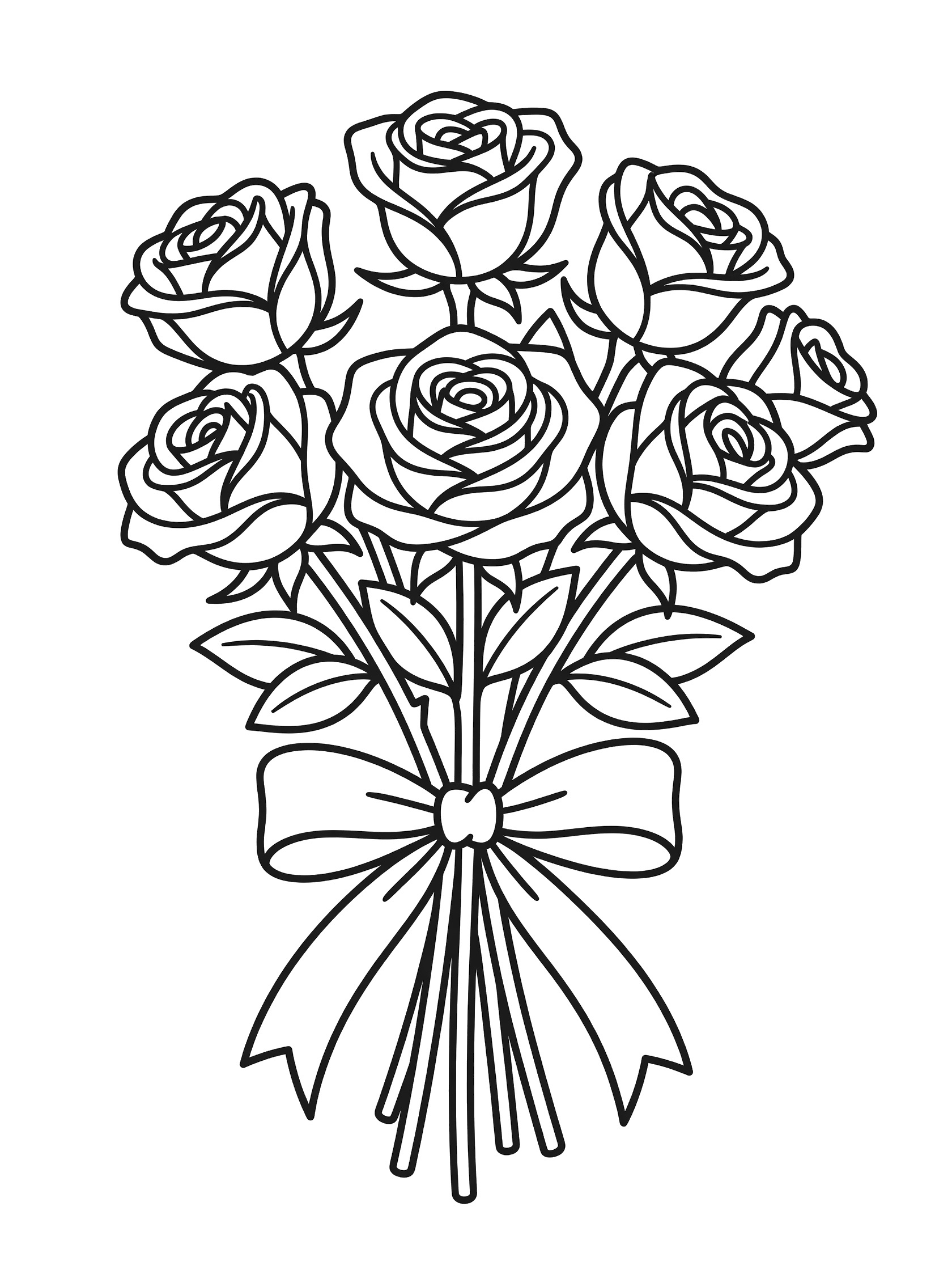 Black and white coloring page of a bouquet with six roses, green leaves, and a ribbon bow. Bouquets themed black and white printable line art