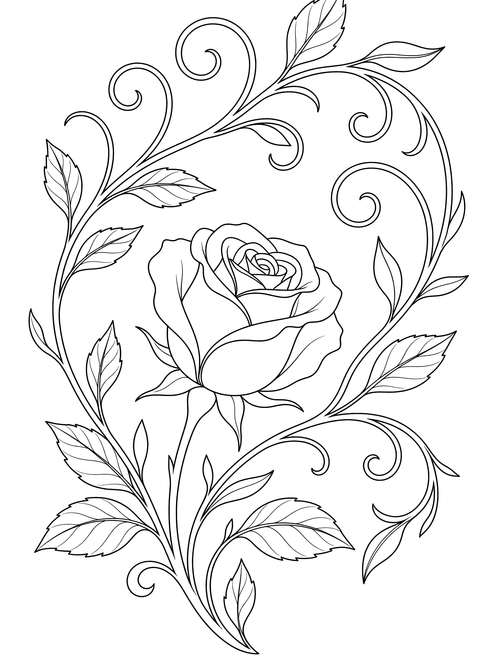 Black and white line drawing of a single rose bud opening with layered petals, surrounded by swirling vines and textured leaves on white background. Roses themed black and white printable line art