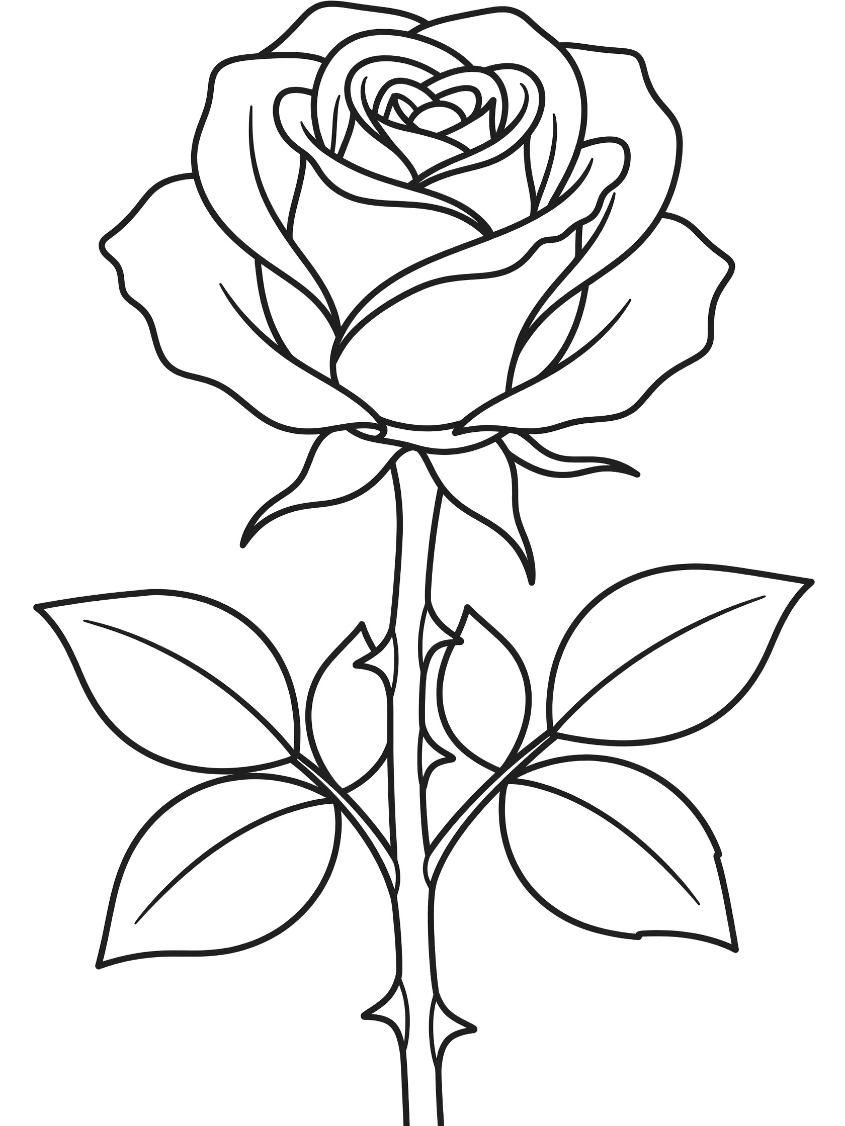 Black and white coloring page of a single rose flower in full bloom at the top of a sturdy stem with thorns and large leaves. Roses themed black and white printable line art