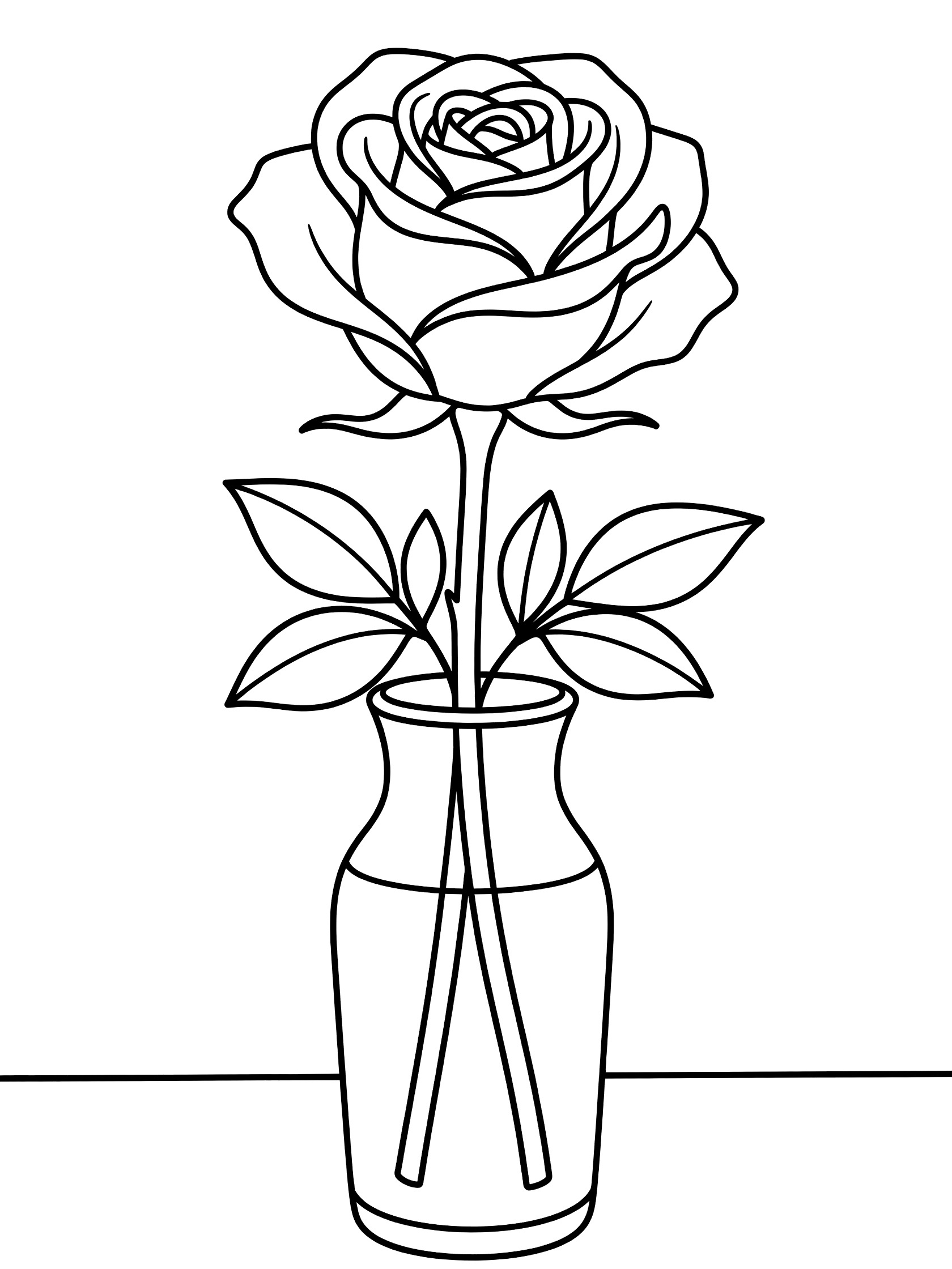 Black and white line art coloring page showing a single rose with open petals on a tall stem with leaves inside a clear glass vase on a flat surface. Roses themed black and white printable line art