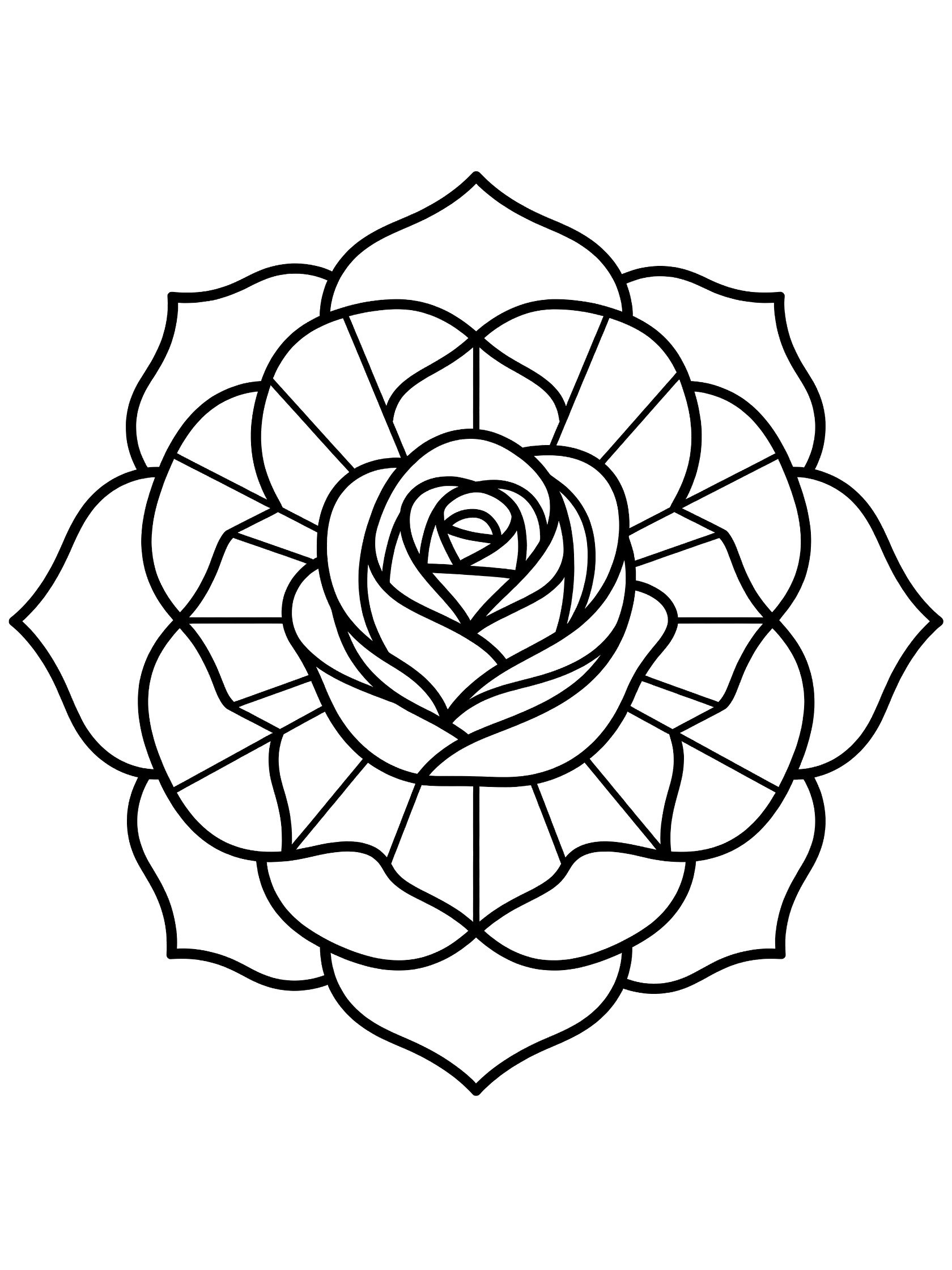 Black and white line art of a Rose Mandala with layered petals and symmetric rays for kids to color.