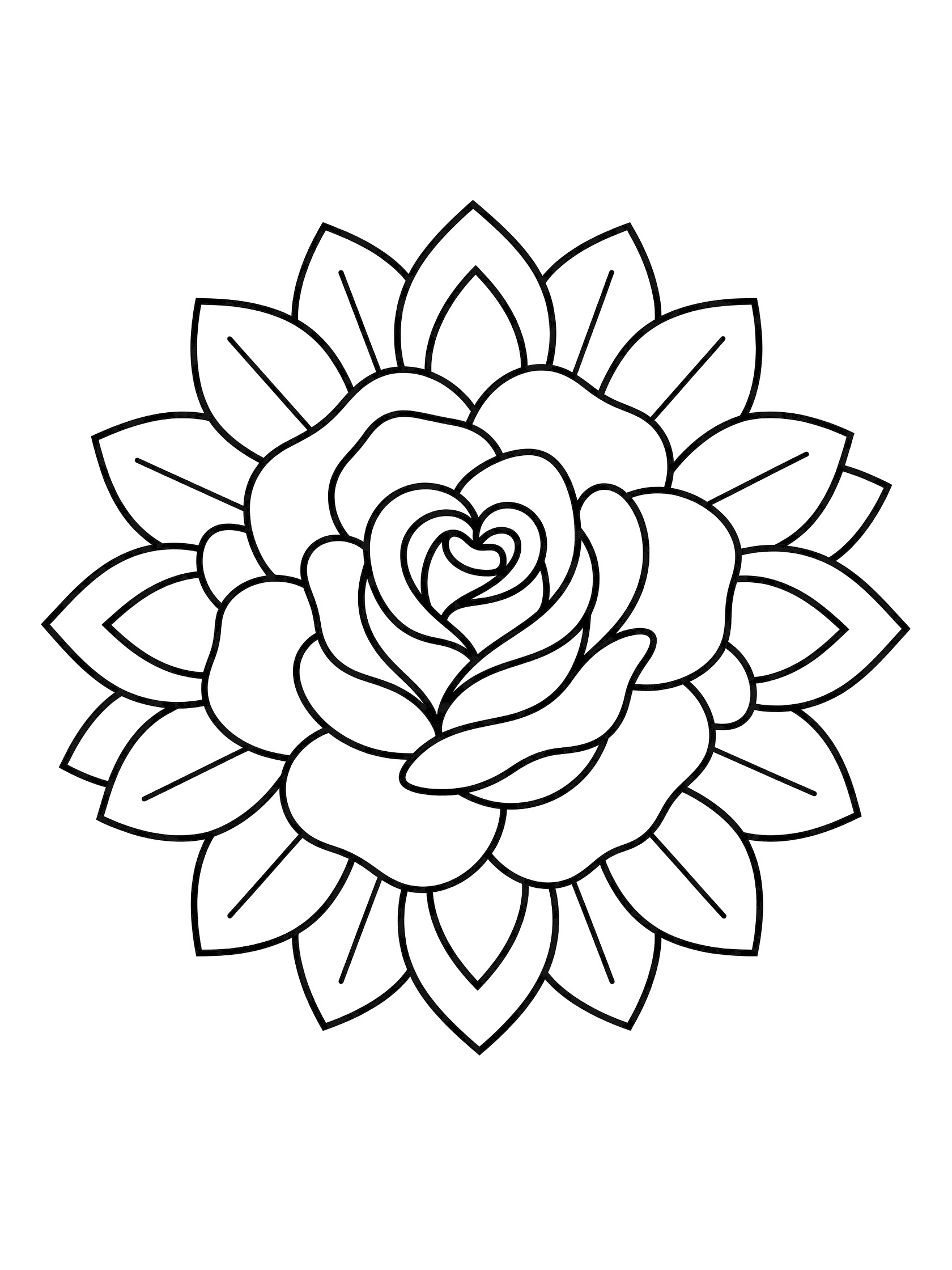 Symmetrical black outline rose mandala coloring page with layered petals and leaf shapes on white background