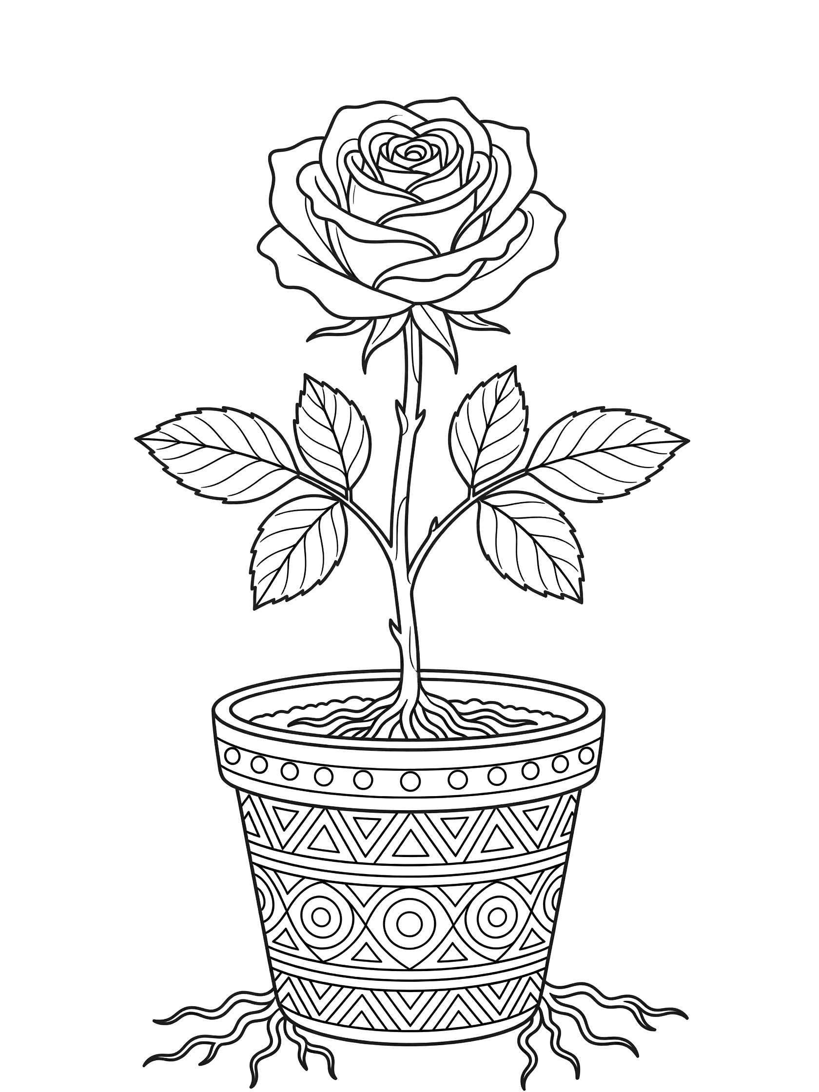 Black and white coloring page showing a single rose flower on a stem with leaves, growing from soil with roots in a decorative pot featuring geometric patterns. Roses themed black and white printable line art