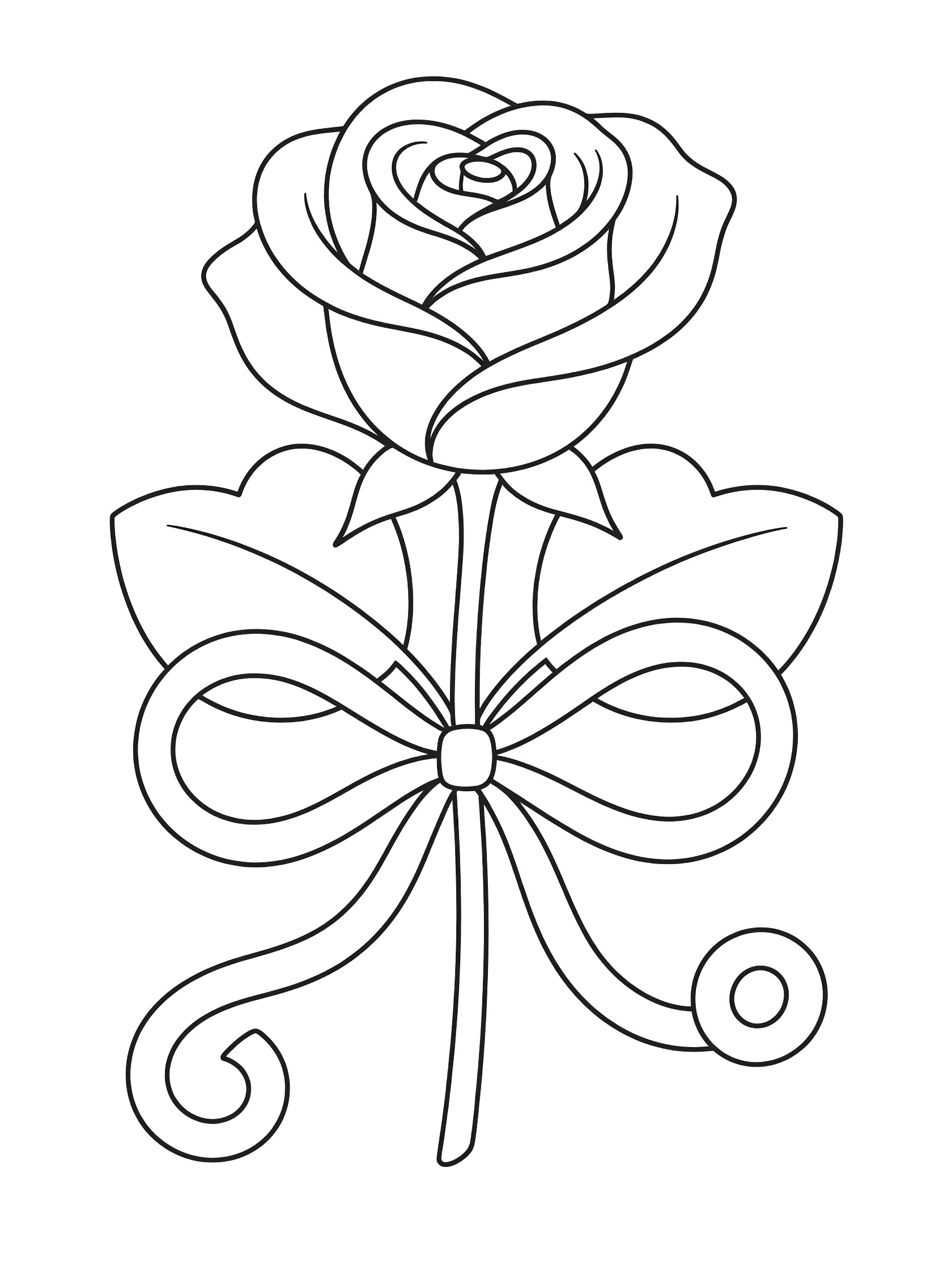 Black and white coloring page of a single rose flower with a bow around the stem, heart leaves, and curly ribbon tails. Roses themed black and white printable line art
