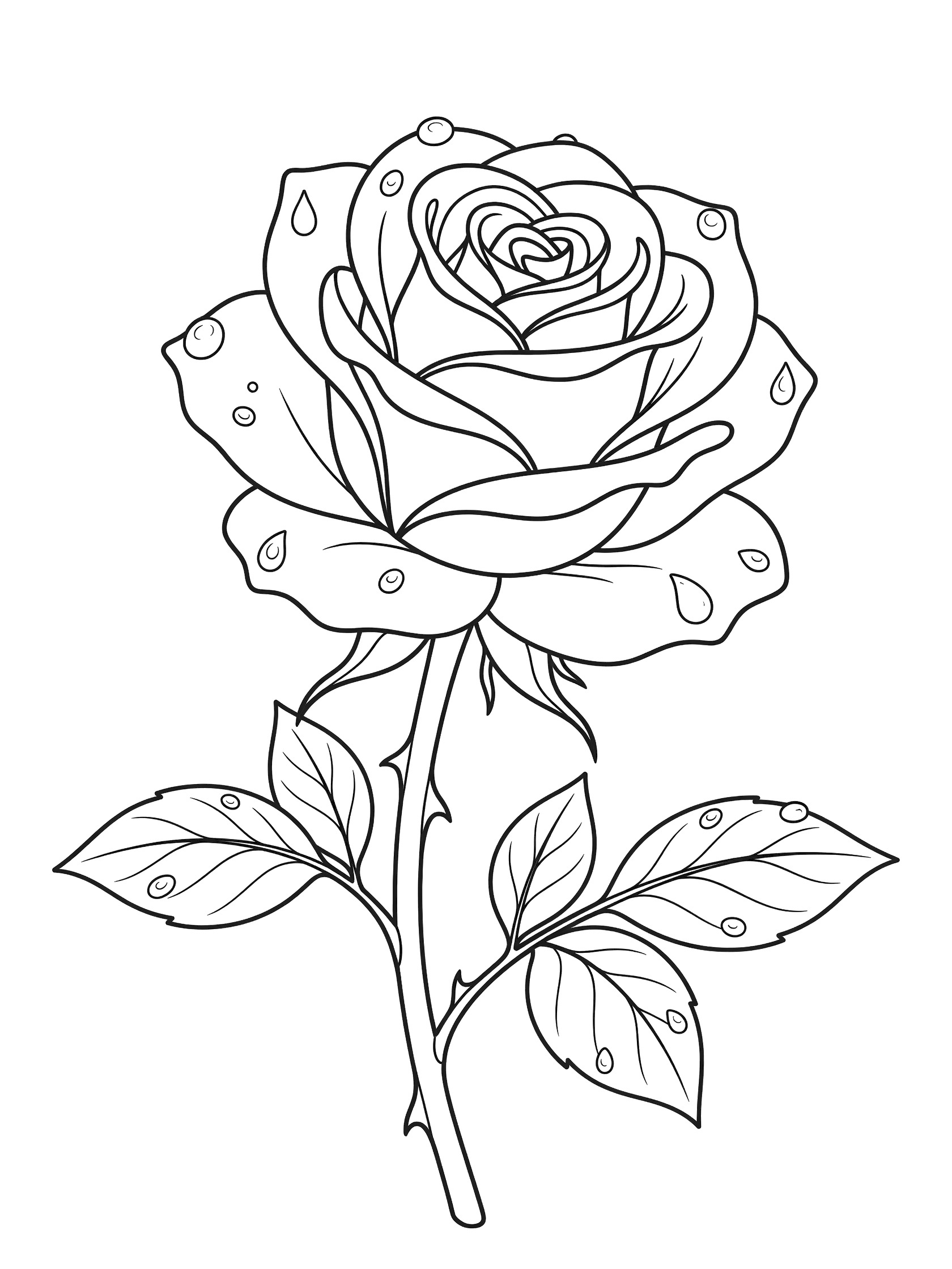 Black and white line drawing of a single rose flower with dew drops on layered petals, curved stem with thorns, and leaves. Roses themed black and white printable line art