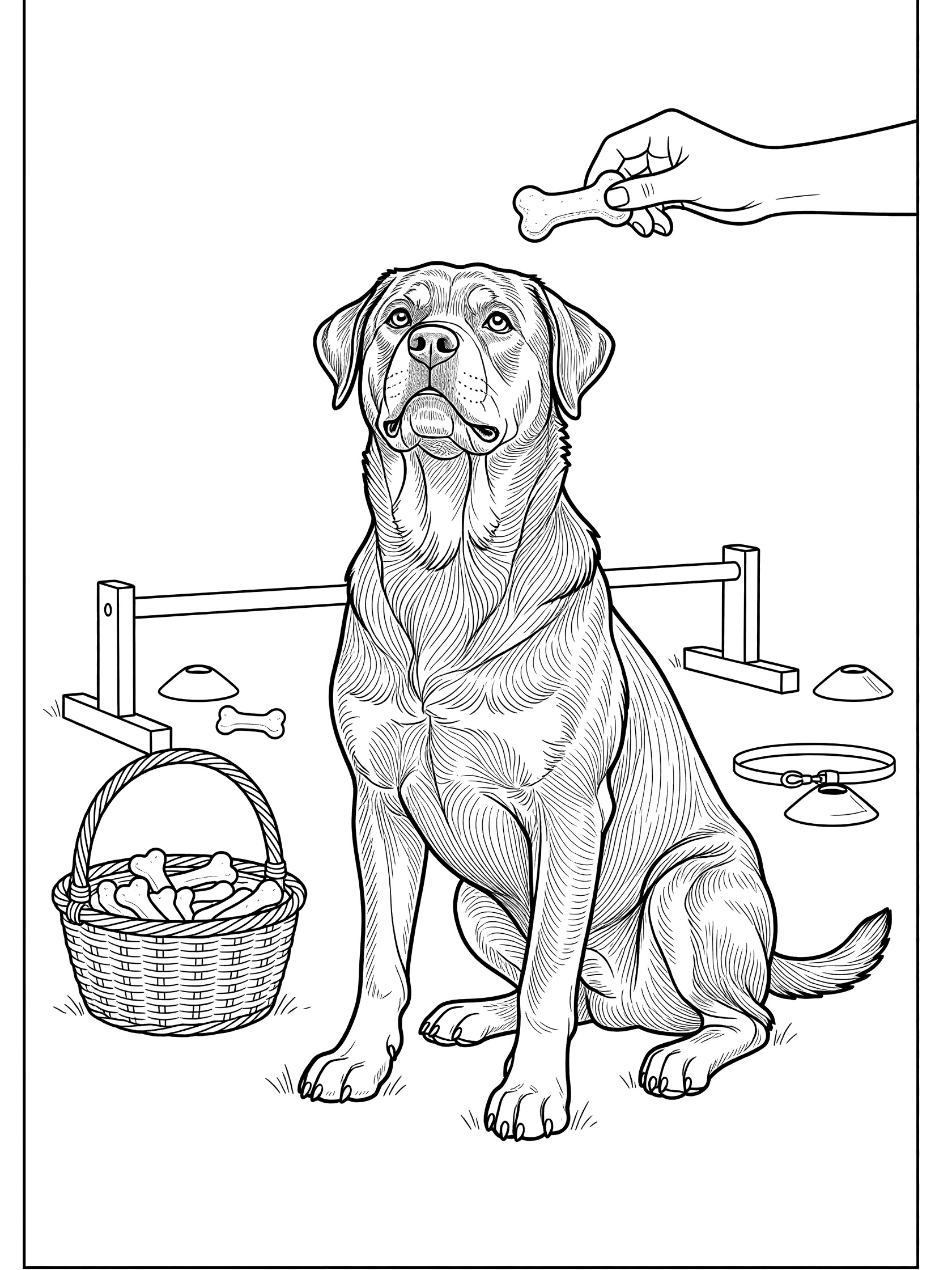 Printable coloring page showing a Rottweiler dog sitting obediently with a human hand holding a bone treat over its head, surrounded by dog training items like a hurdle, hoop, and basket of treats. Labrador Retriever themed black and white printable line art