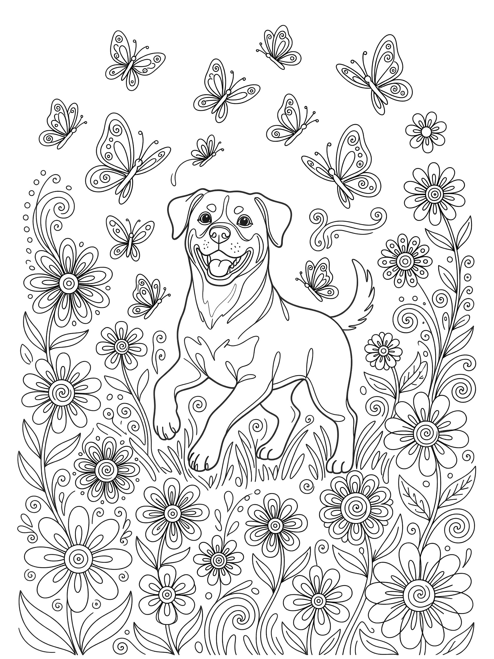 Black and white line art coloring page showing a Rottweiler dog surrounded by flying butterflies and blooming flowers