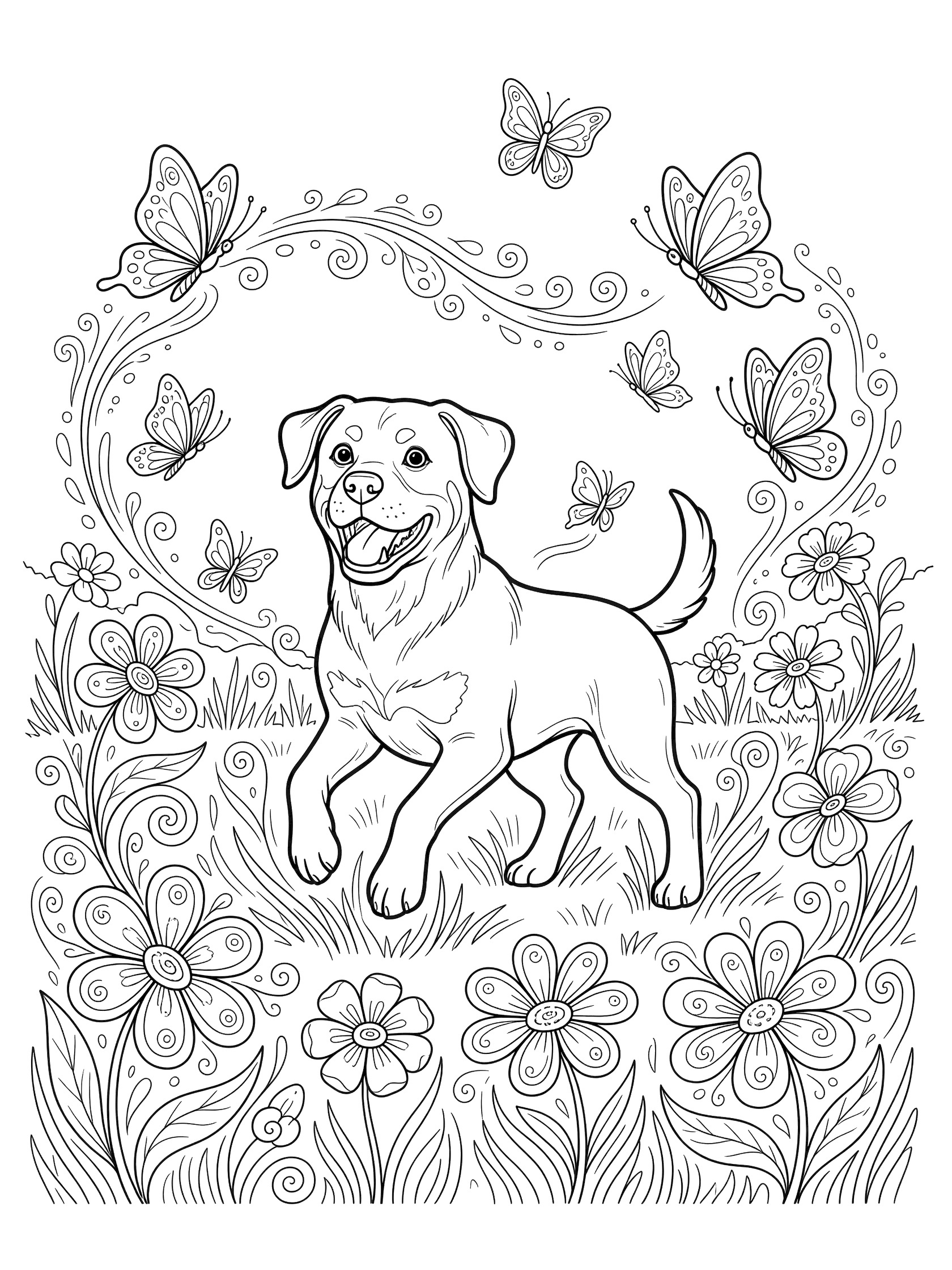 Black and white line art coloring page showing a Rottweiler dog surrounded by butterflies and swirling flowers