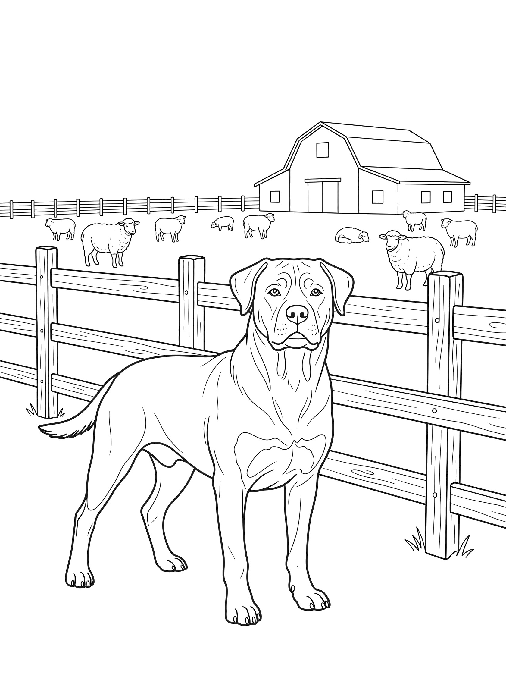 Black and white line art coloring page showing a Rottweiler dog near a wooden fence with sheep behind it and a barn in the background on a farm